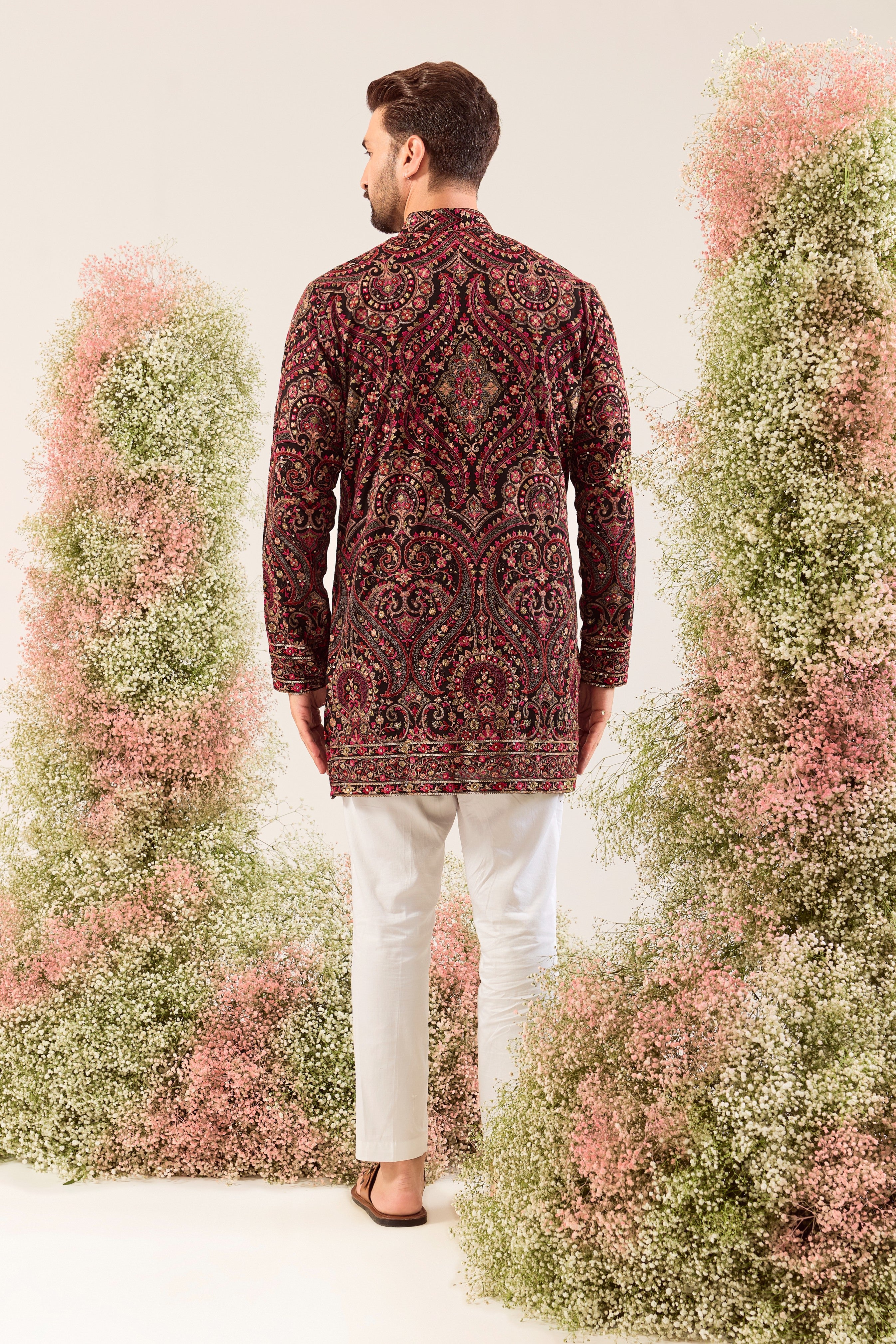 black- maroon short chikankari kurta with  jamawar  embroidery
