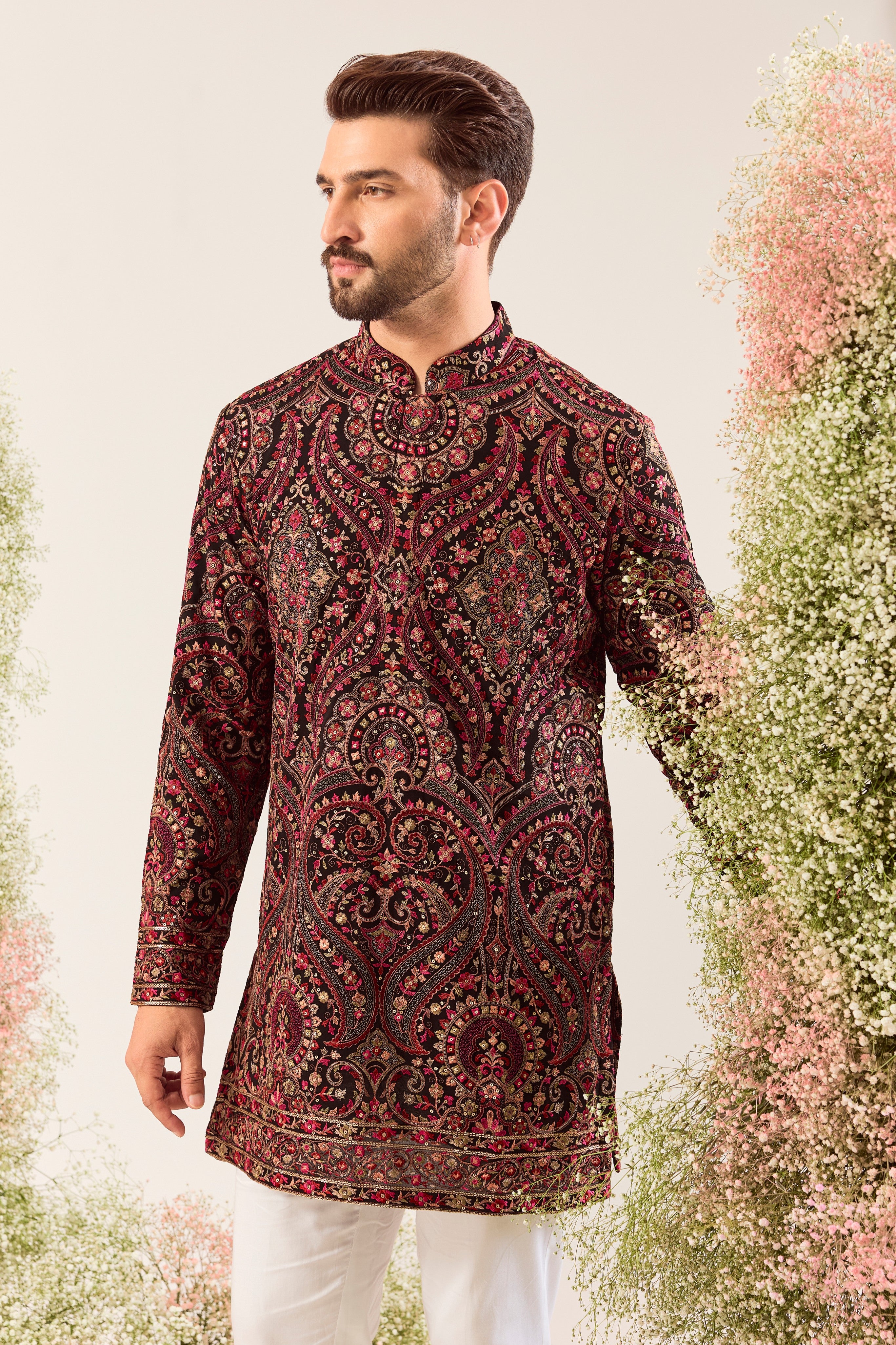 black- maroon short chikankari kurta with  jamawar  embroidery