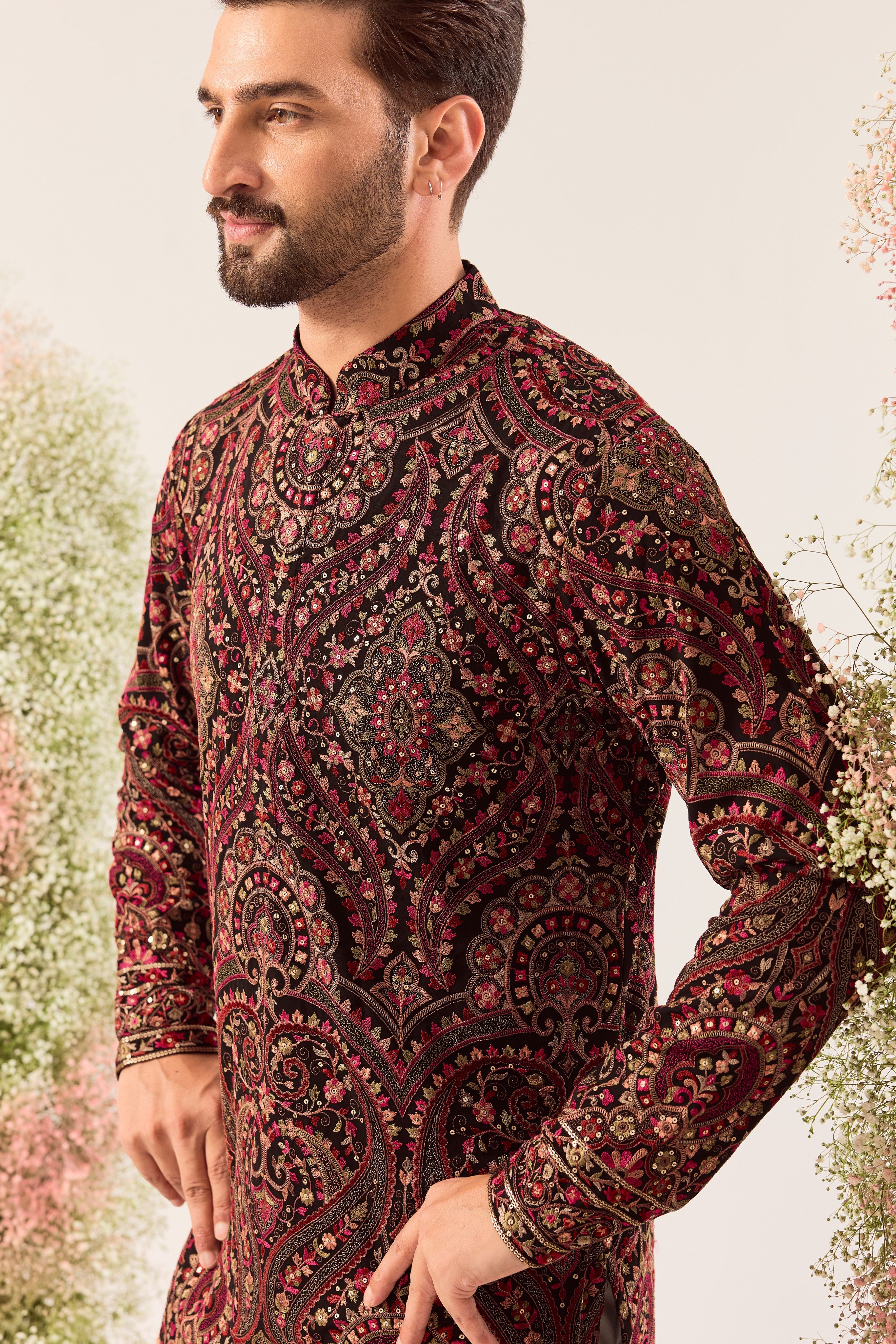 black- maroon short chikankari kurta with  jamawar  embroidery