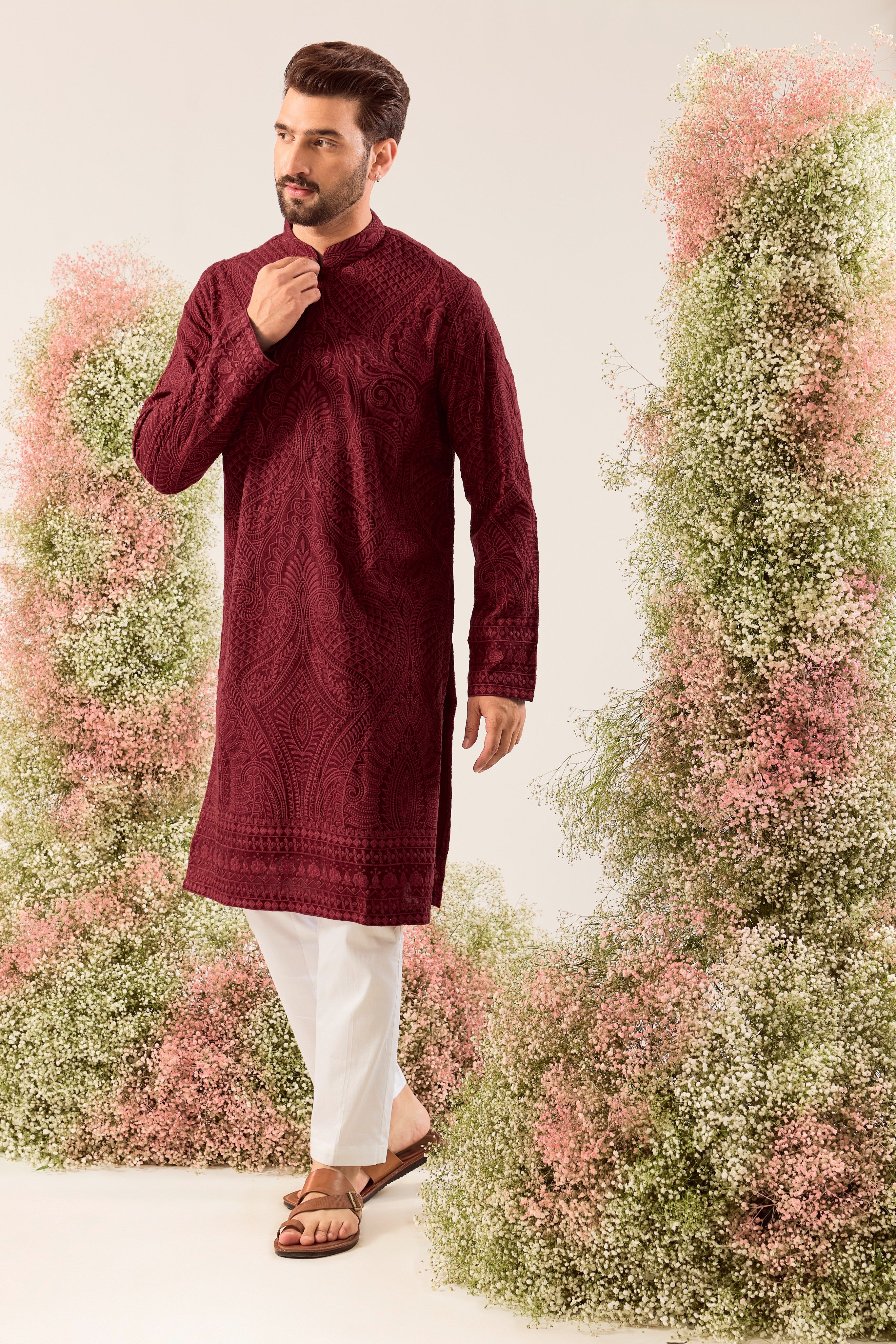 maroon chikankari kurta with jamawar embroidery and tone to tone thread work