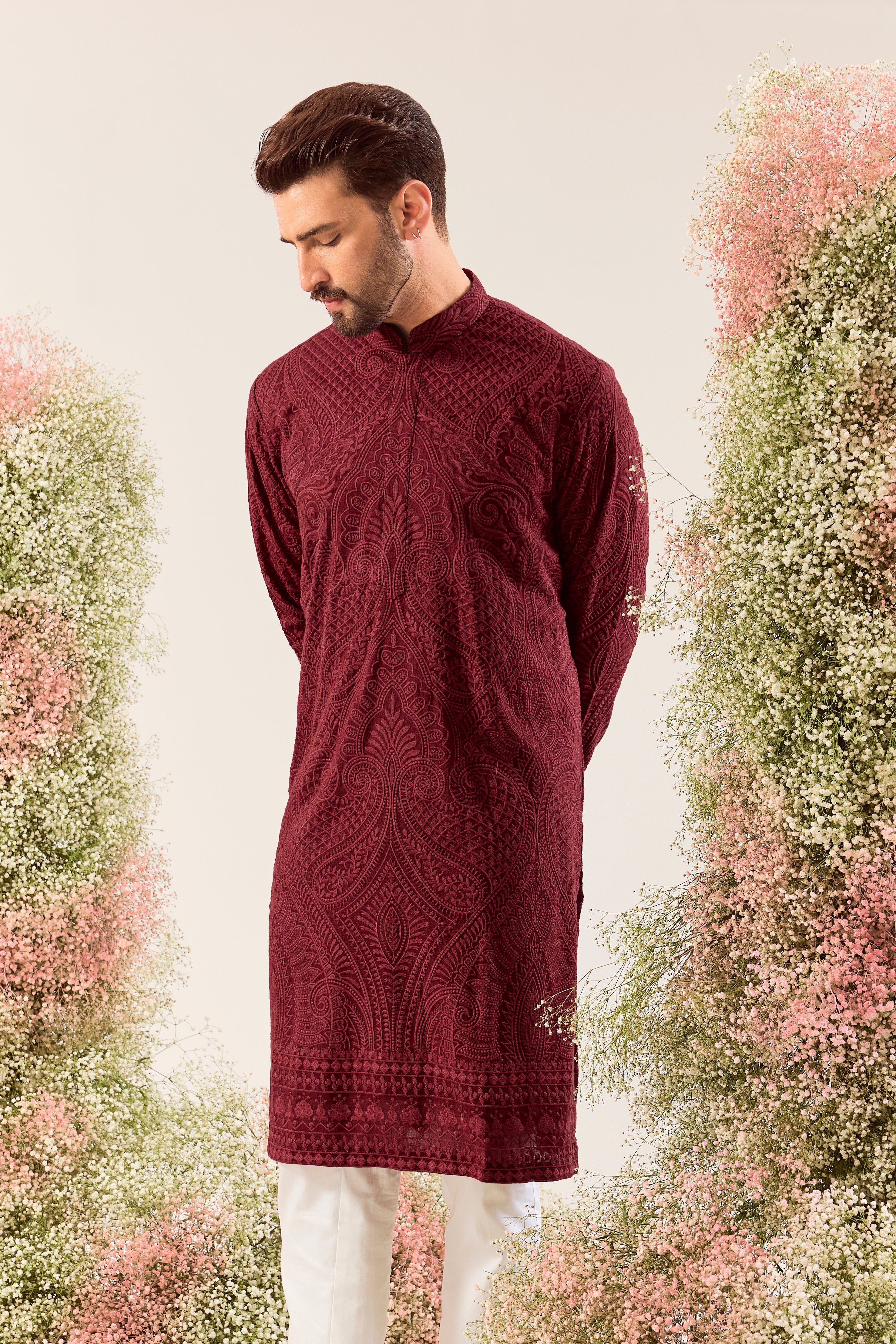 maroon chikankari kurta with jamawar embroidery and tone to tone thread work