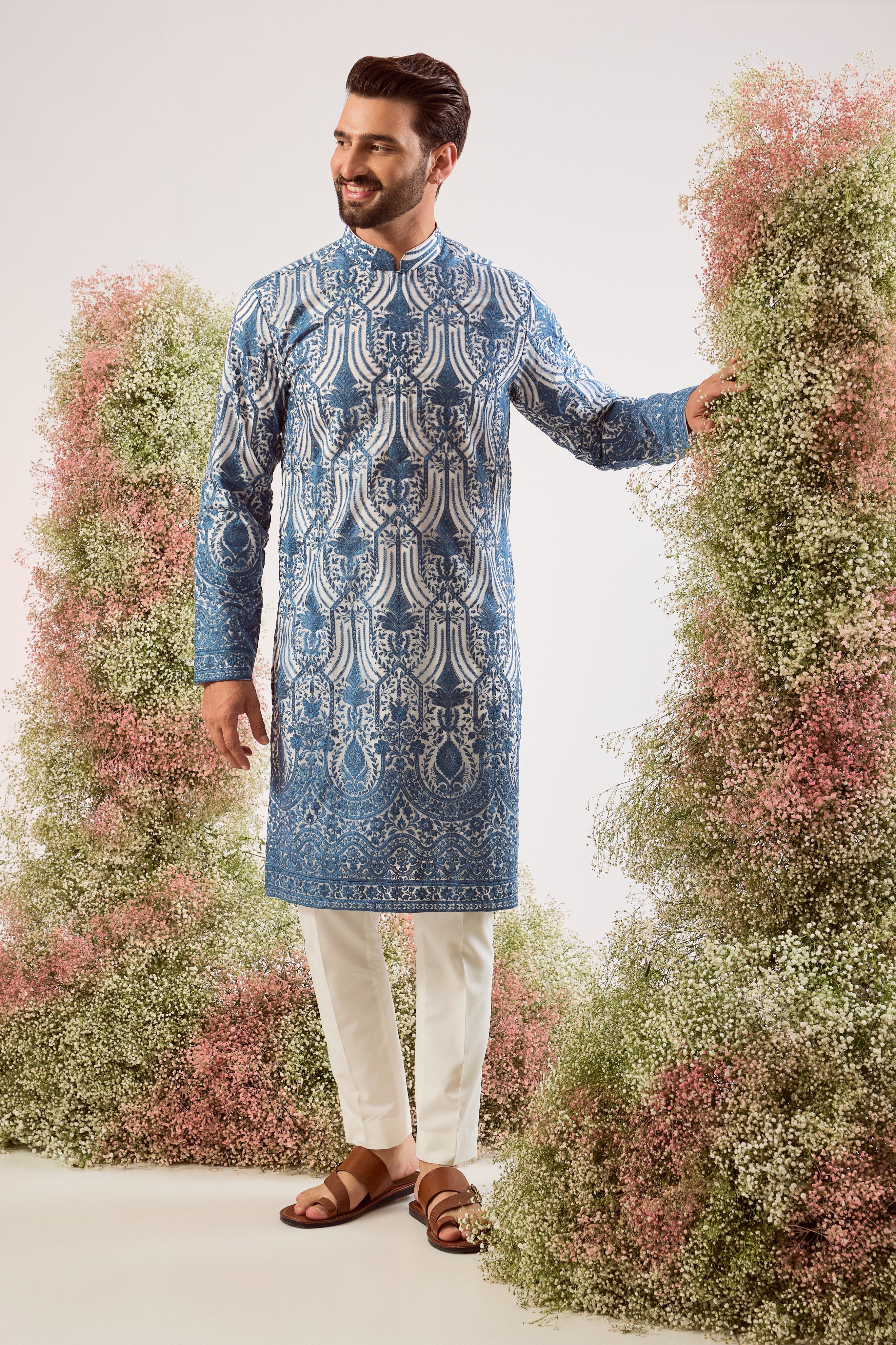 blue chikankari kurta on organza with delicate sequin work and lining