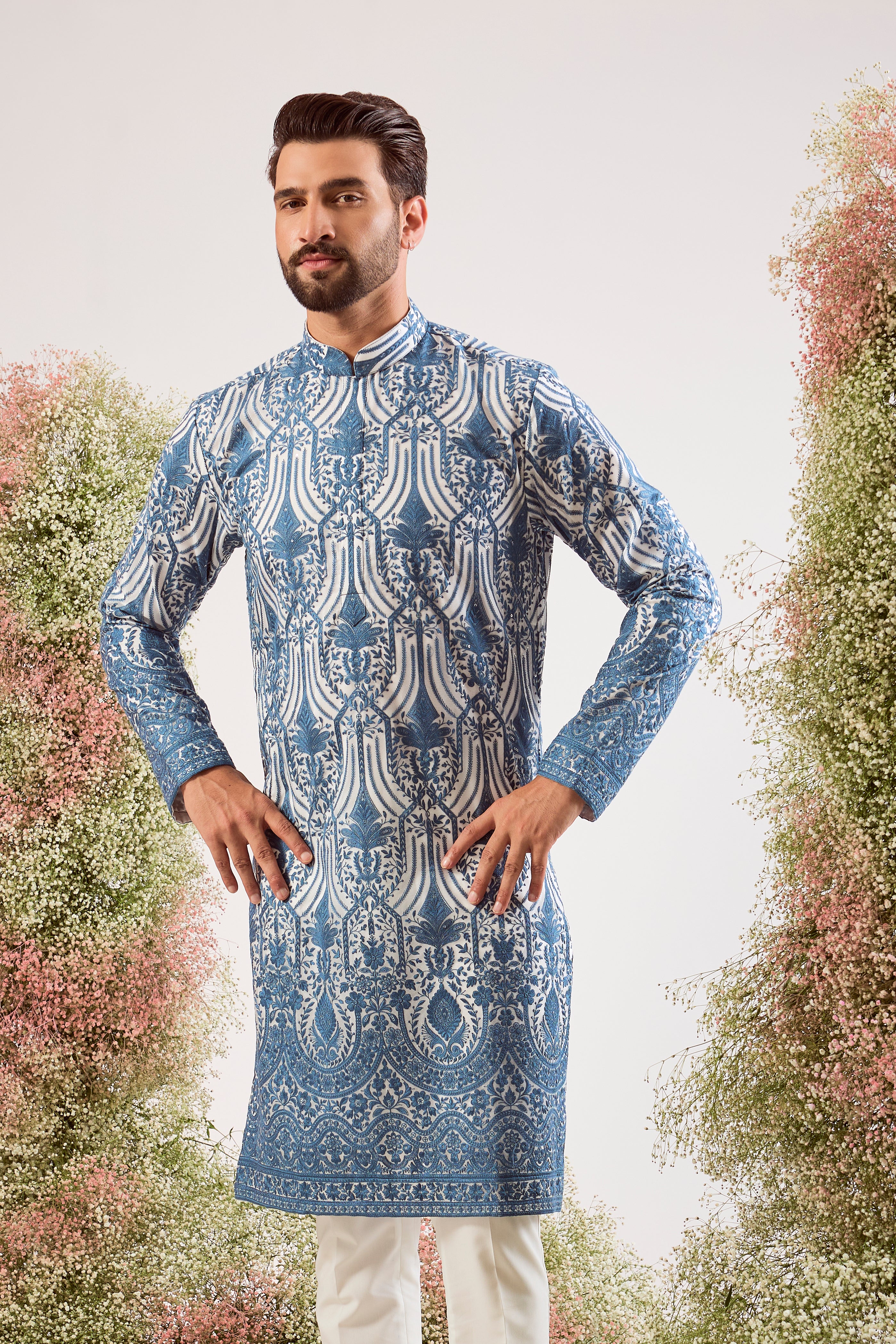 blue chikankari kurta on organza with delicate sequin work and lining