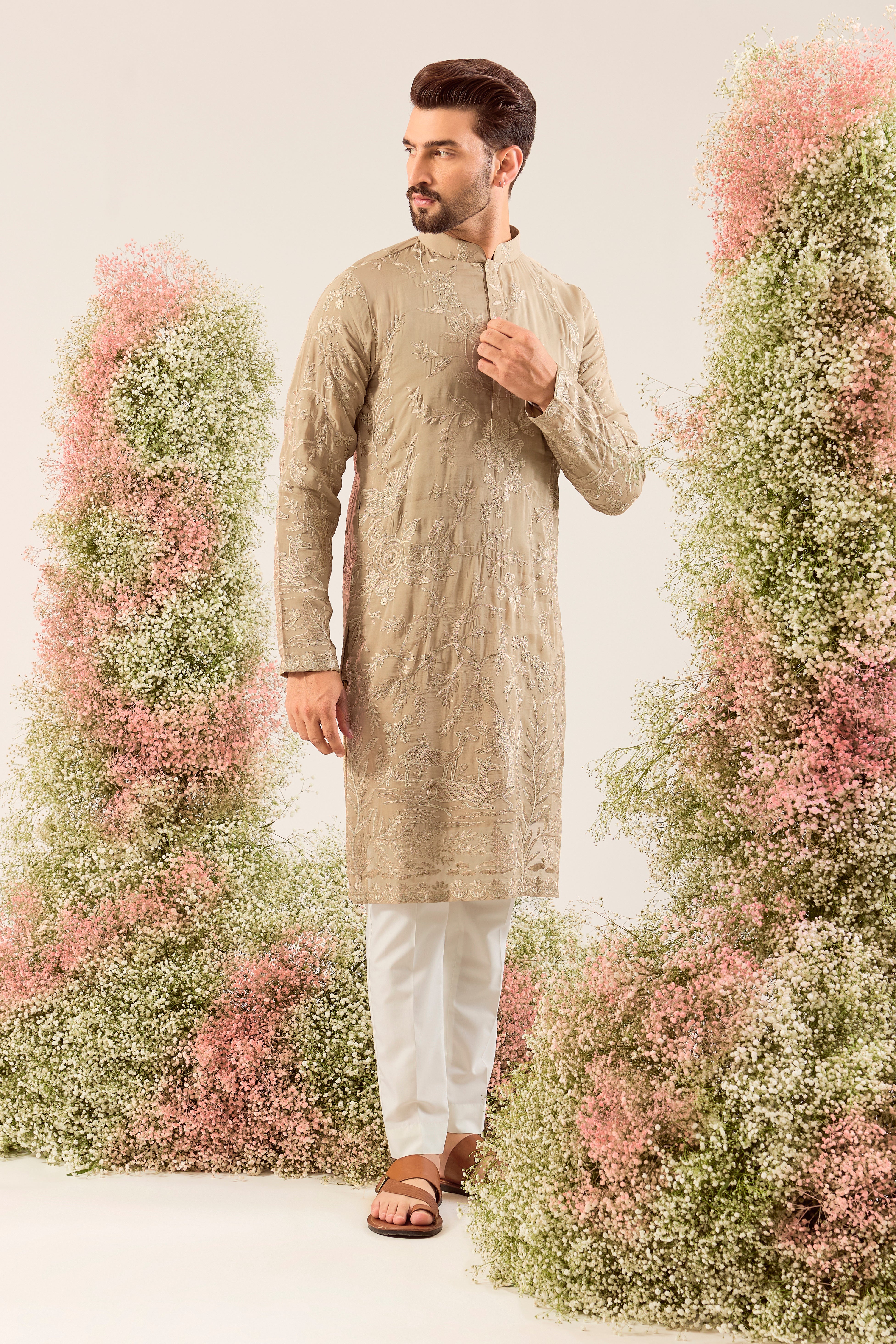 brown threadwork kurta with intricate flora and fauna embroidery