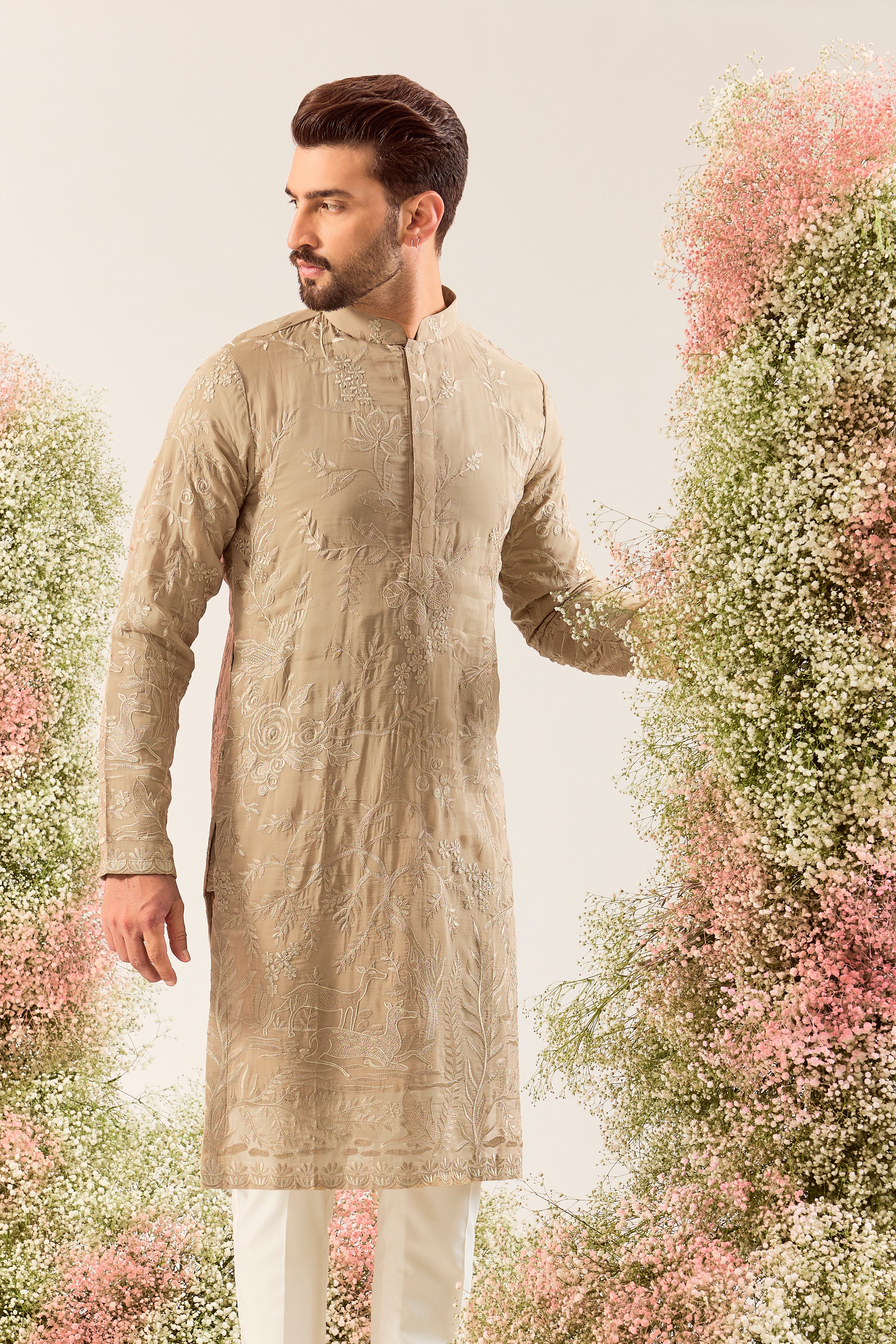 brown threadwork kurta with intricate flora and fauna embroidery