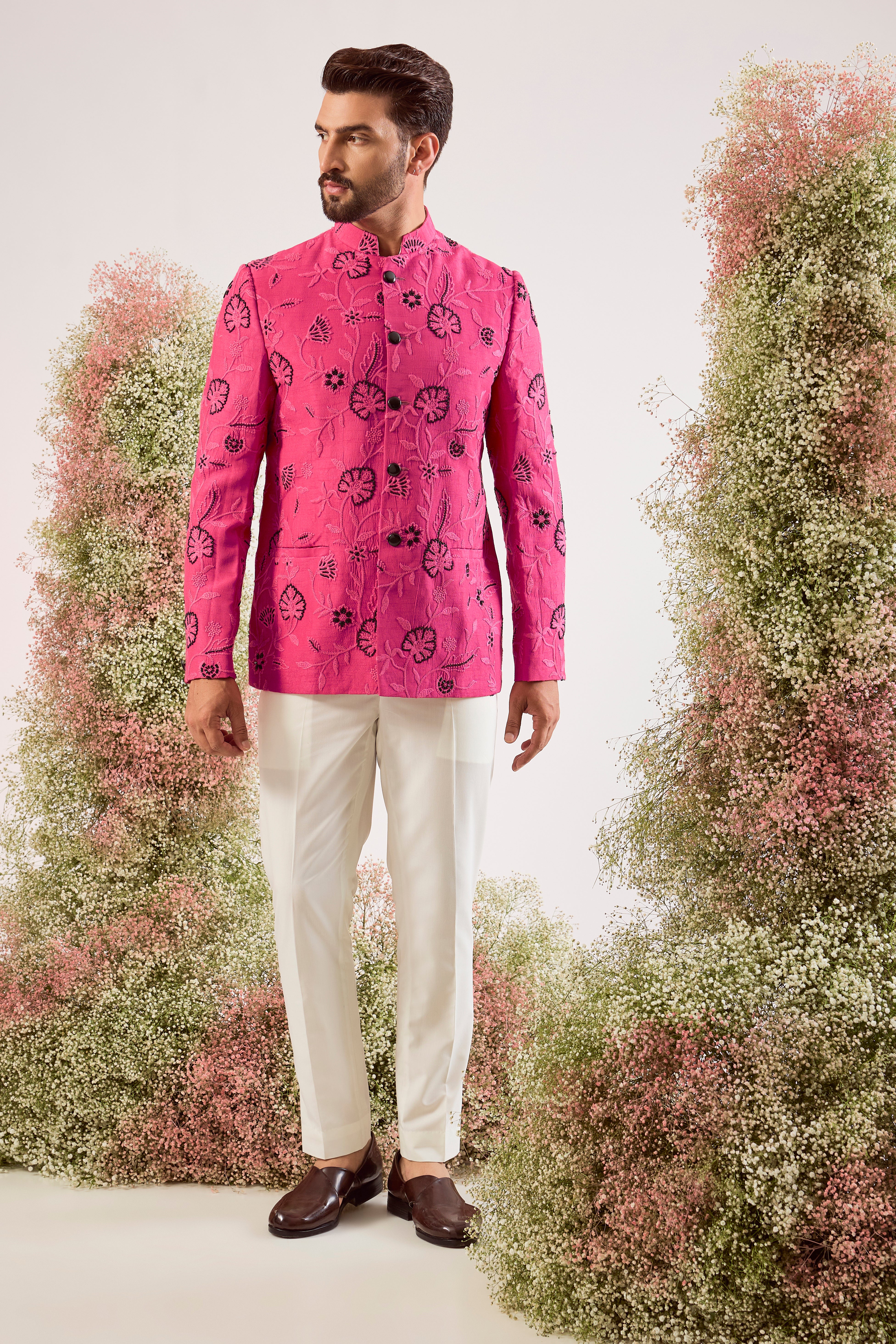 hot pink bandgala with sleek black cut dana and floral embroidery