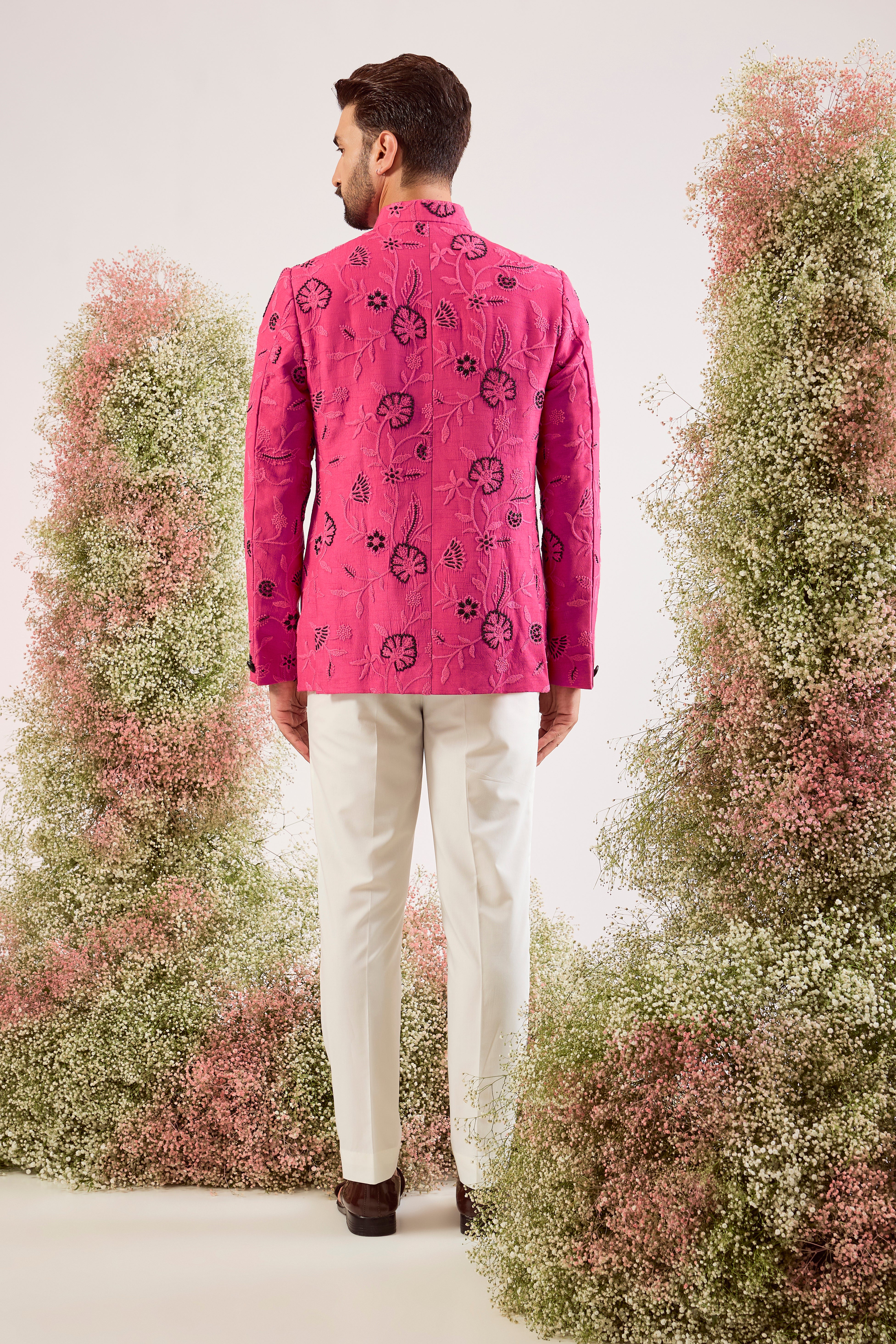 hot pink bandgala with sleek black cut dana and floral embroidery