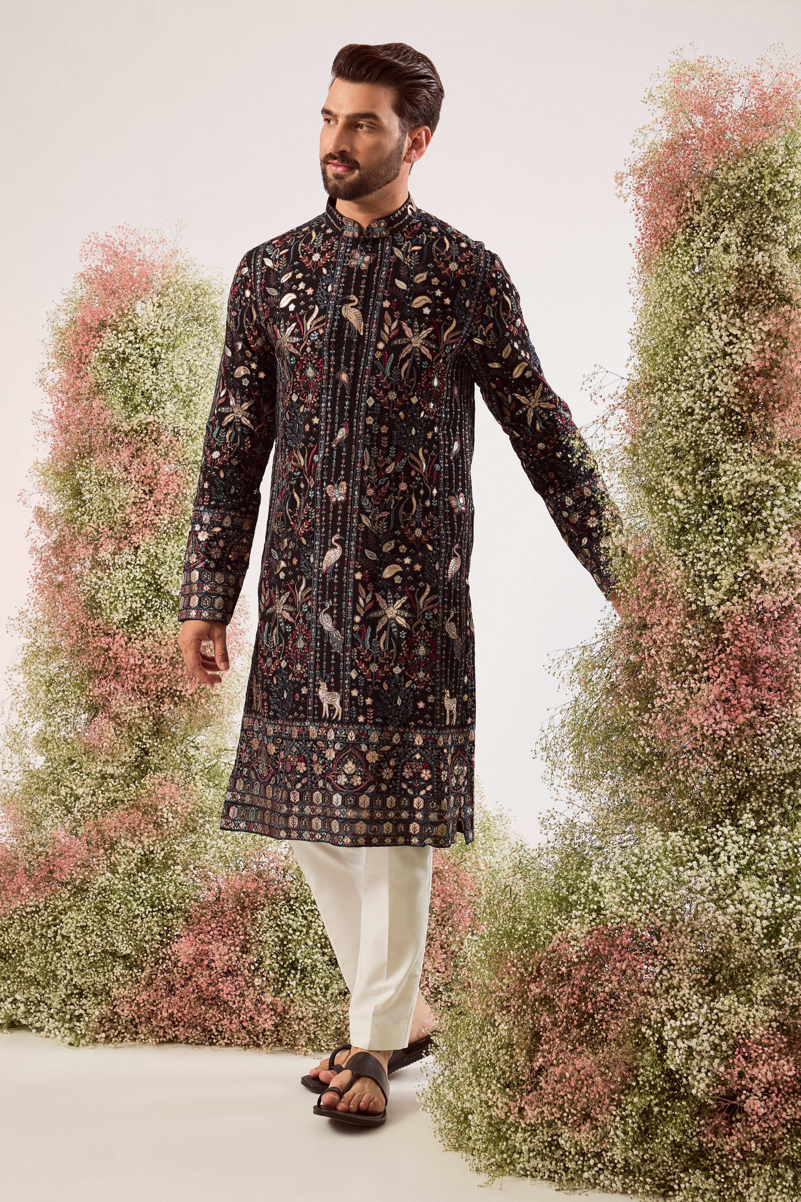 black leather patchwork kurta with intricate floral embroidery