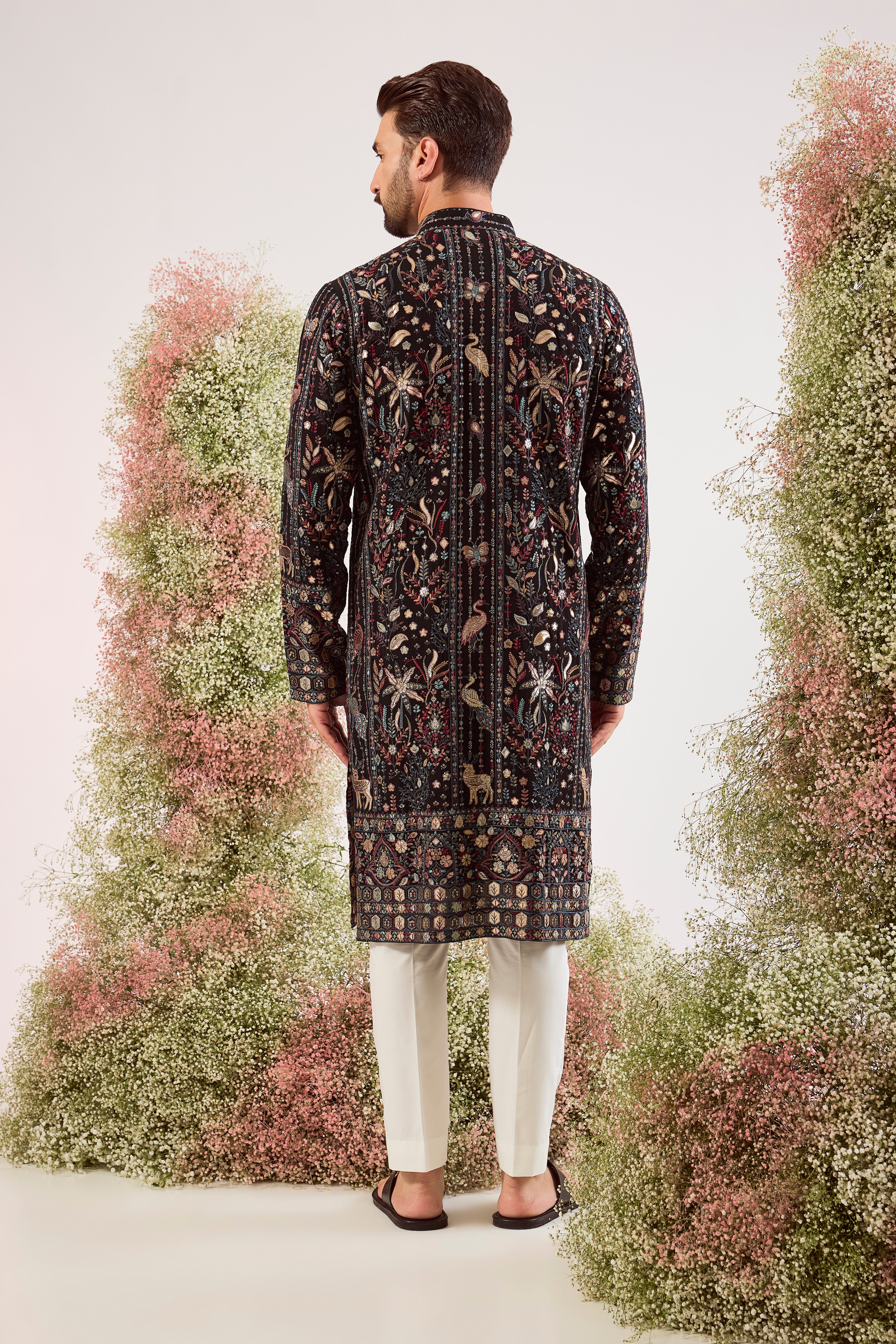 black leather patchwork kurta with intricate floral embroidery