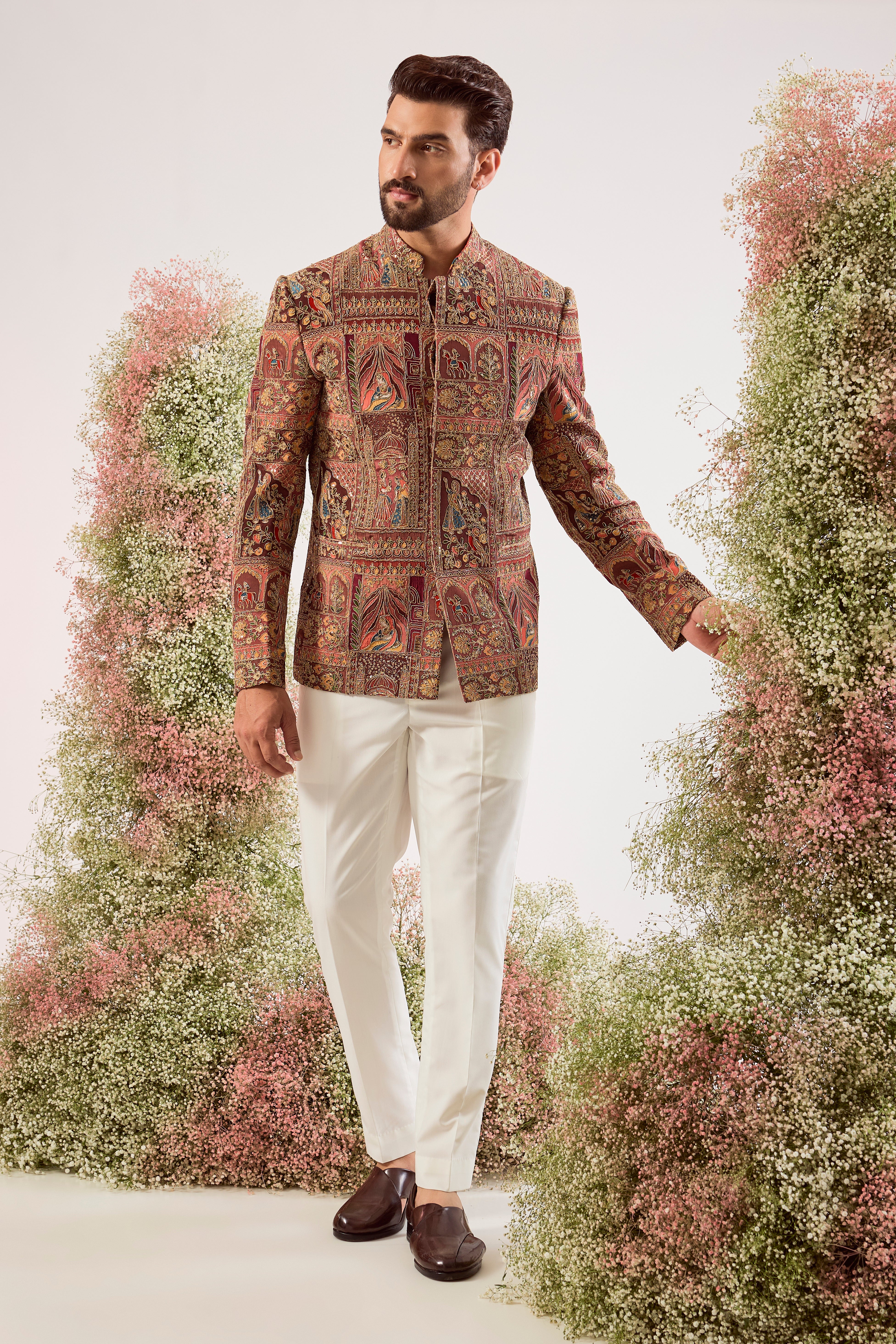 mauve taupe royal heritage bandgala with intricate heritage figures