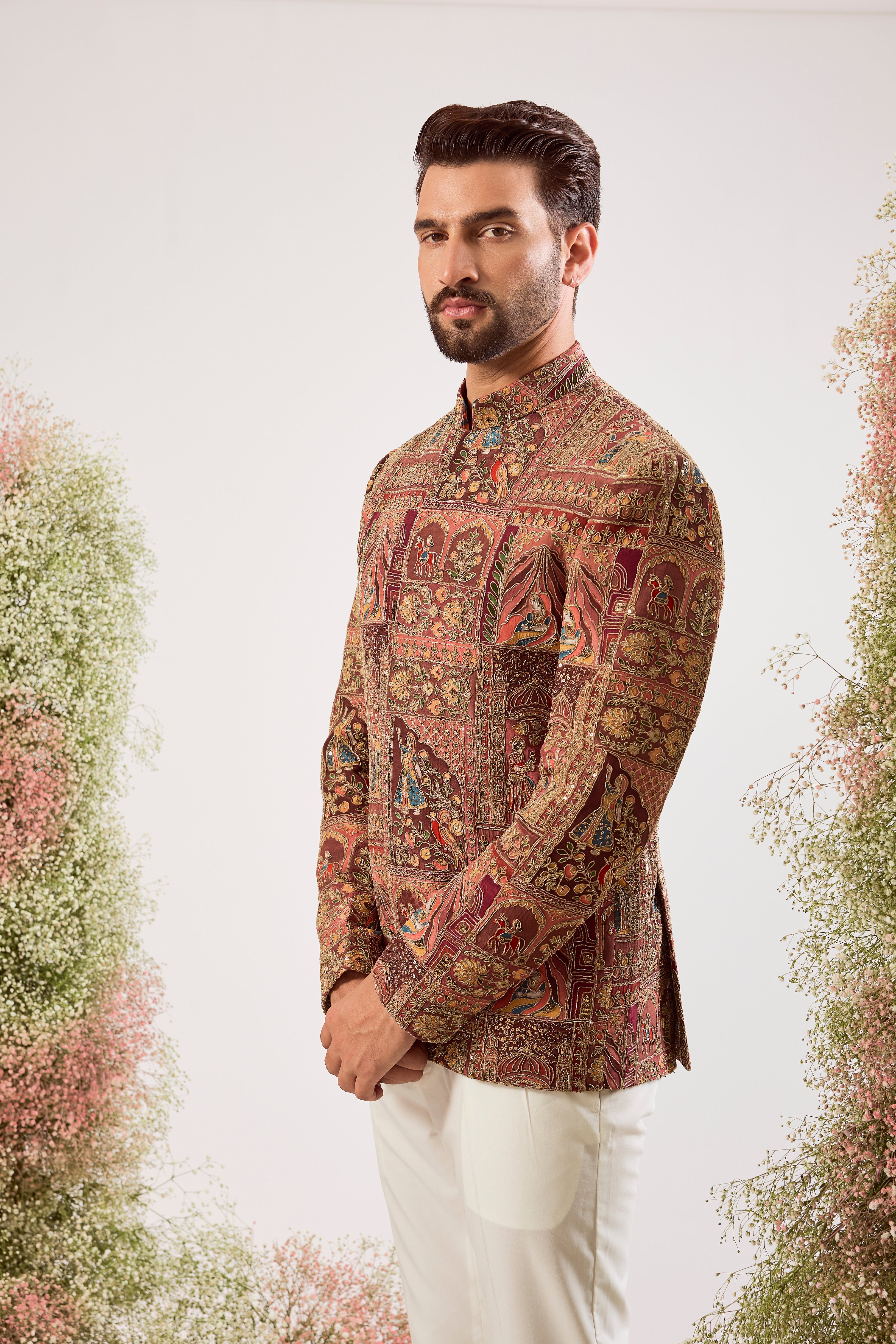 mauve taupe royal heritage bandgala with intricate heritage figures