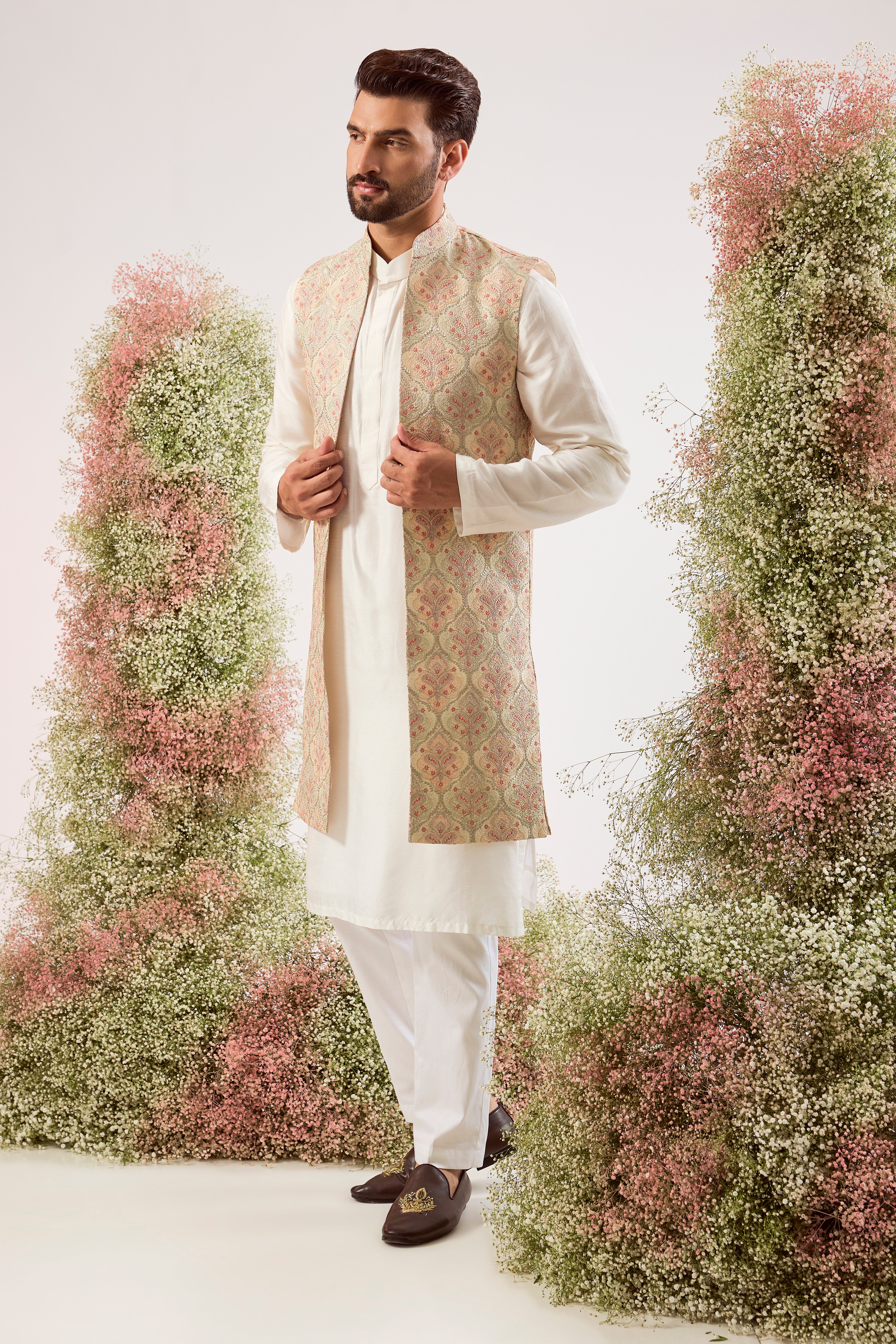 beige- golden chikankari long open jacket with intricate zari work