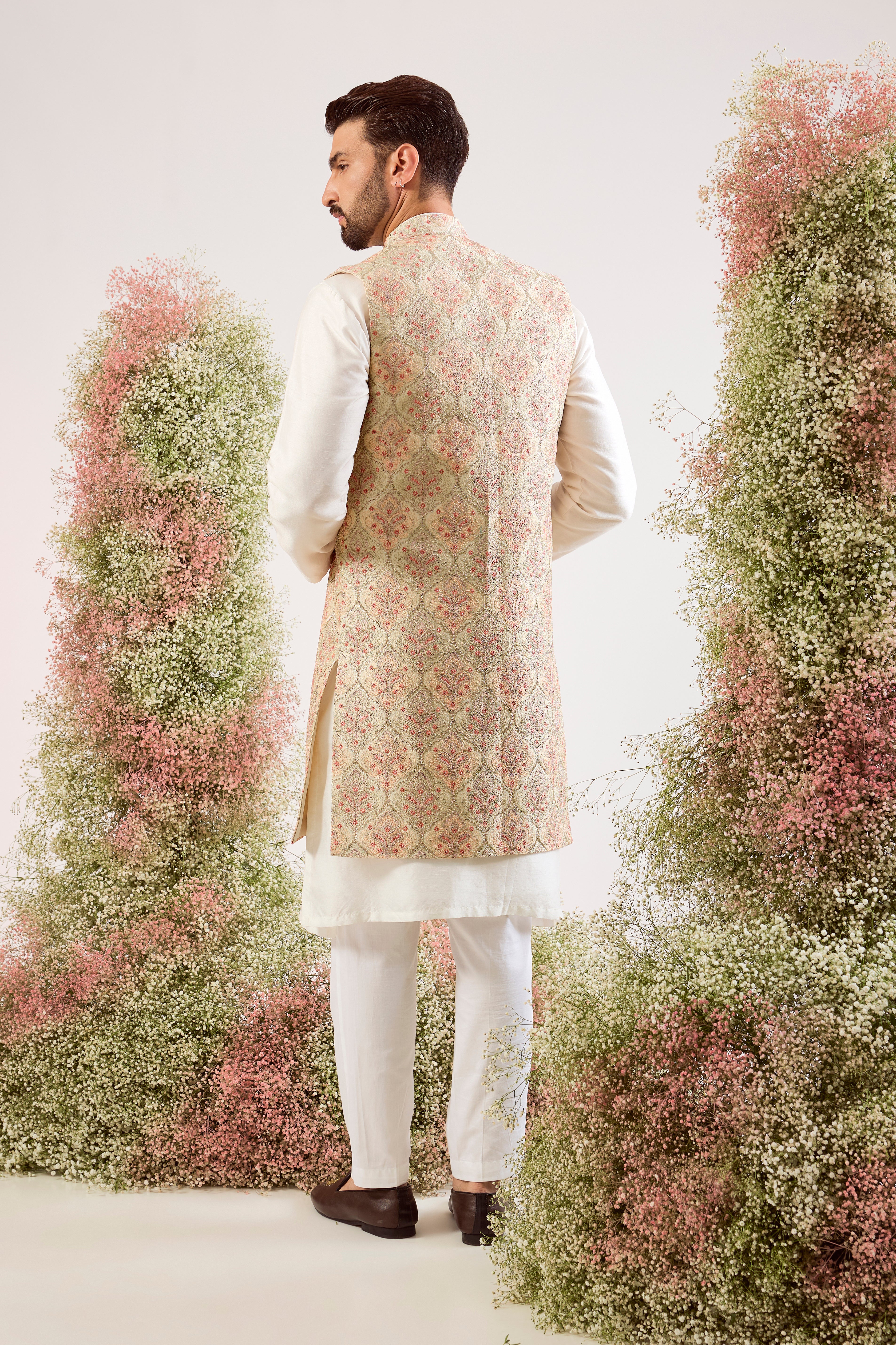 beige- golden chikankari long open jacket with intricate zari work