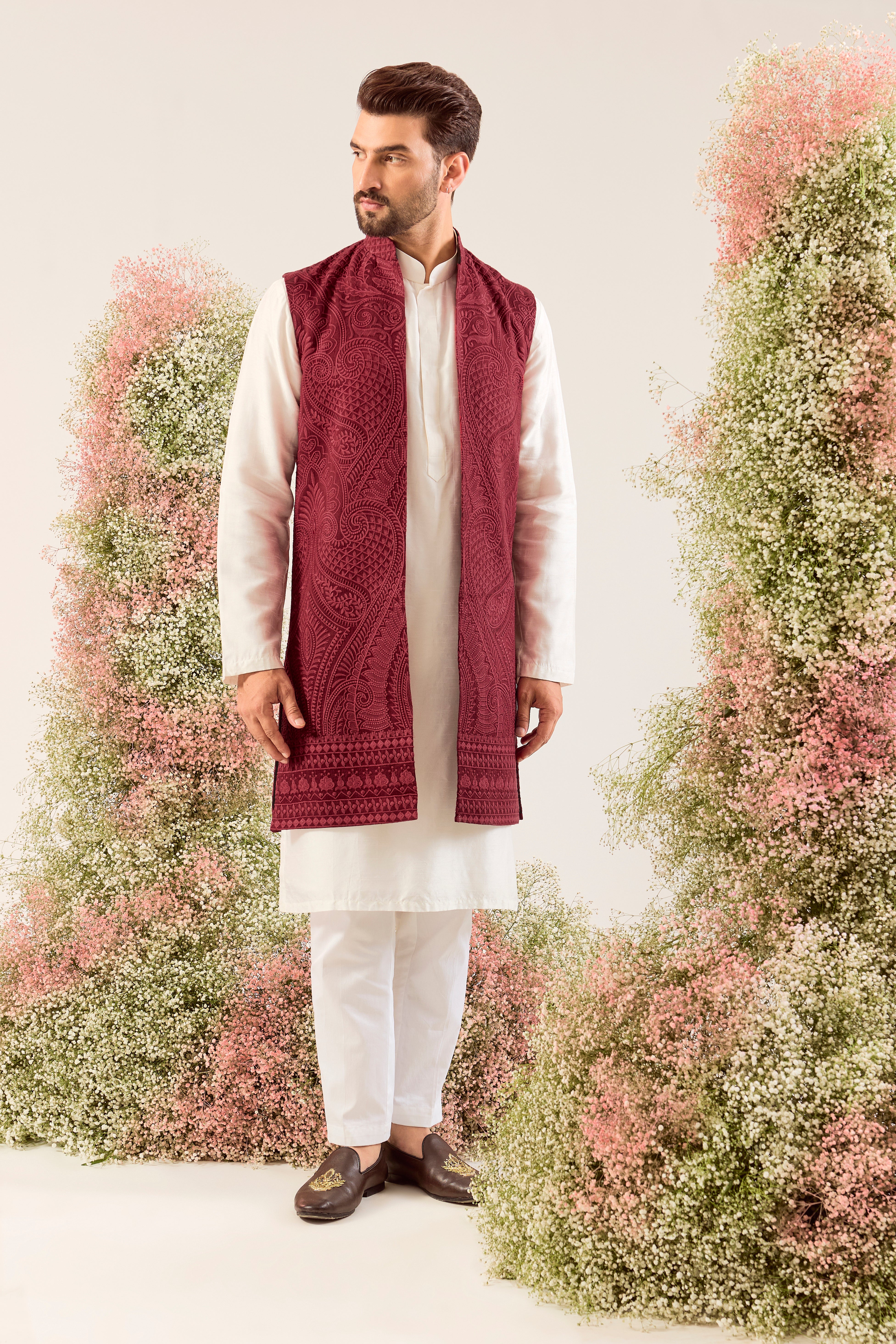 maroon kashmiri embrodried long open jacket with jamawar work