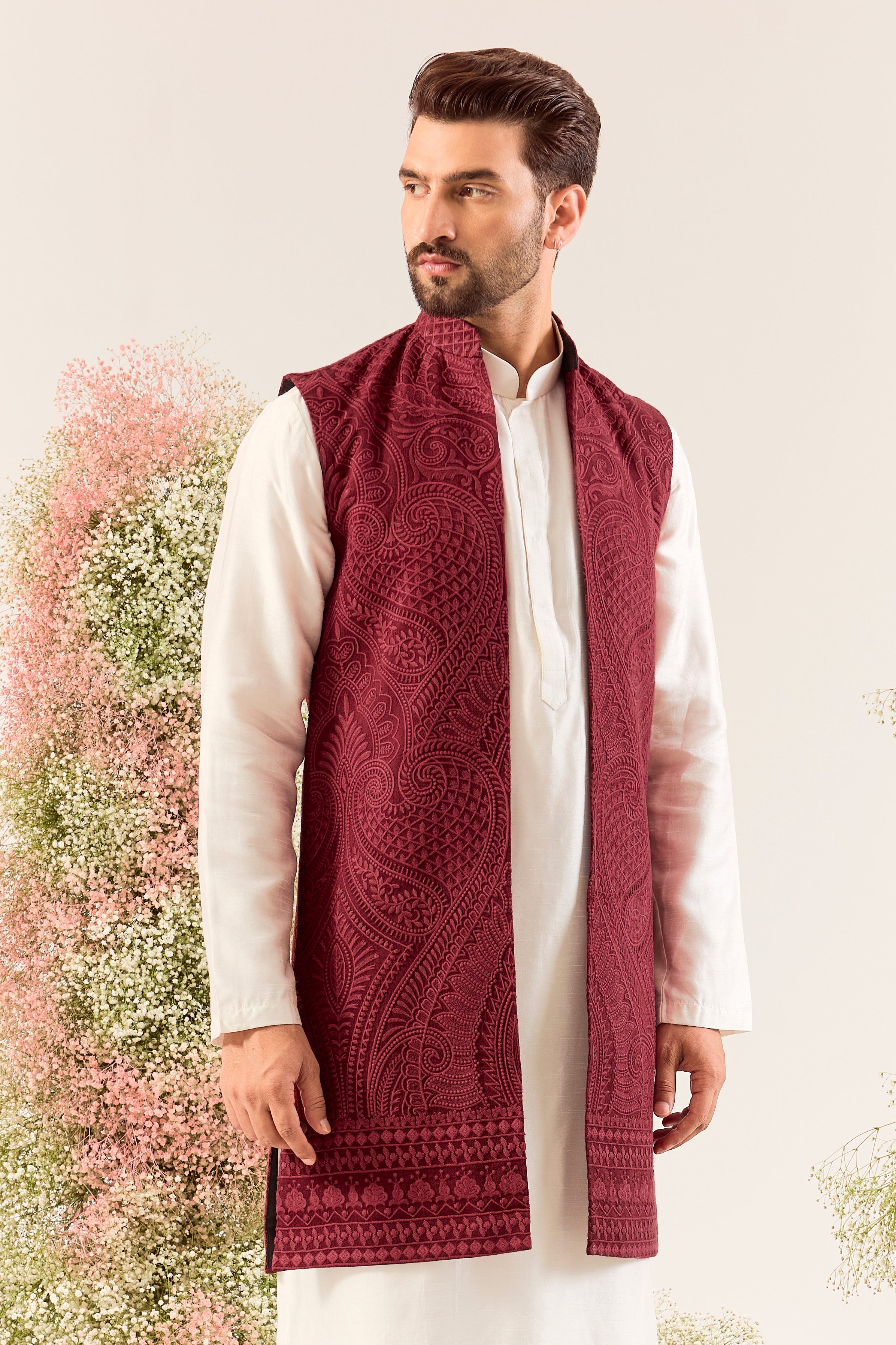 maroon kashmiri embrodried long open jacket with jamawar work