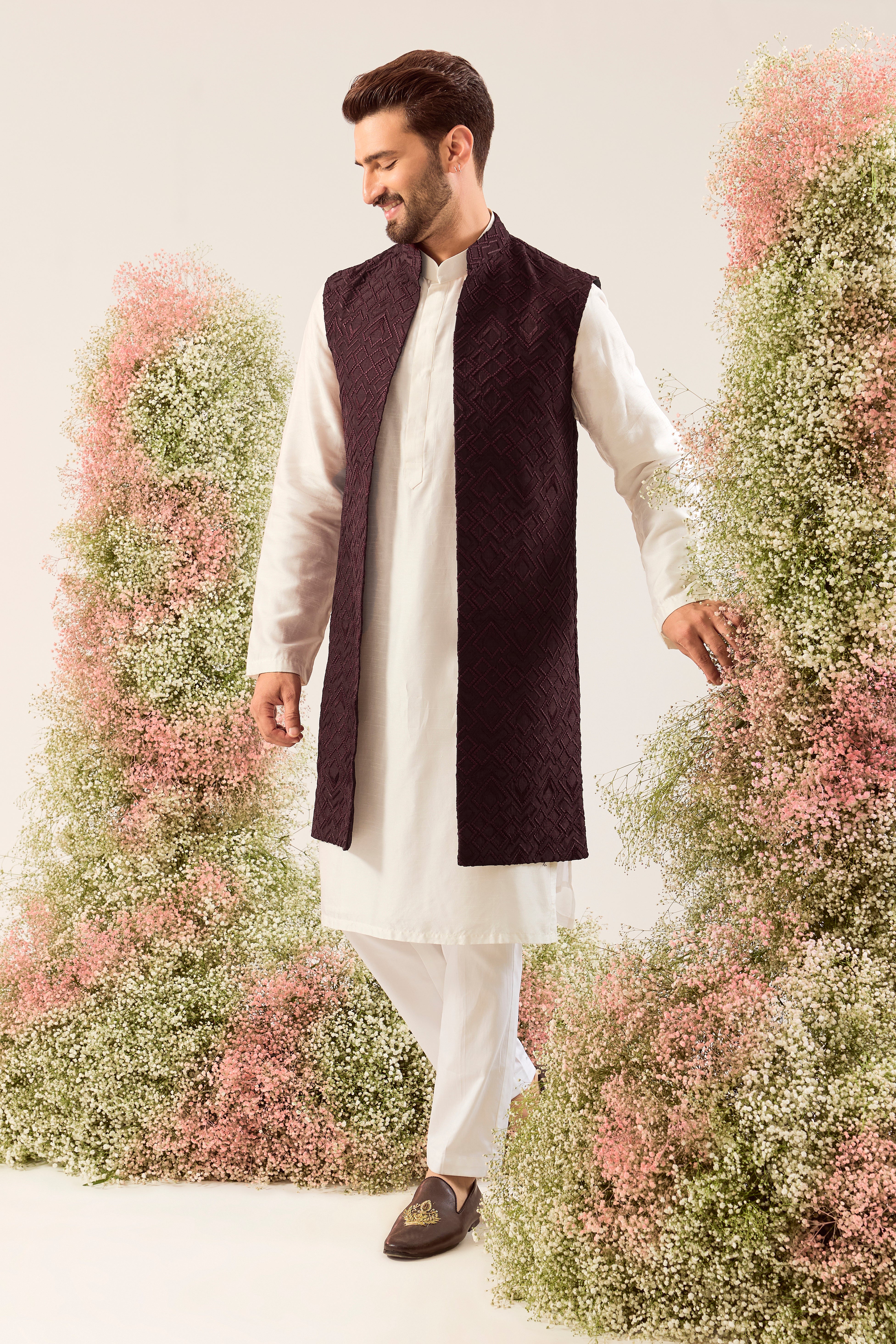 wine thread work geometrically embrodried long open jacket