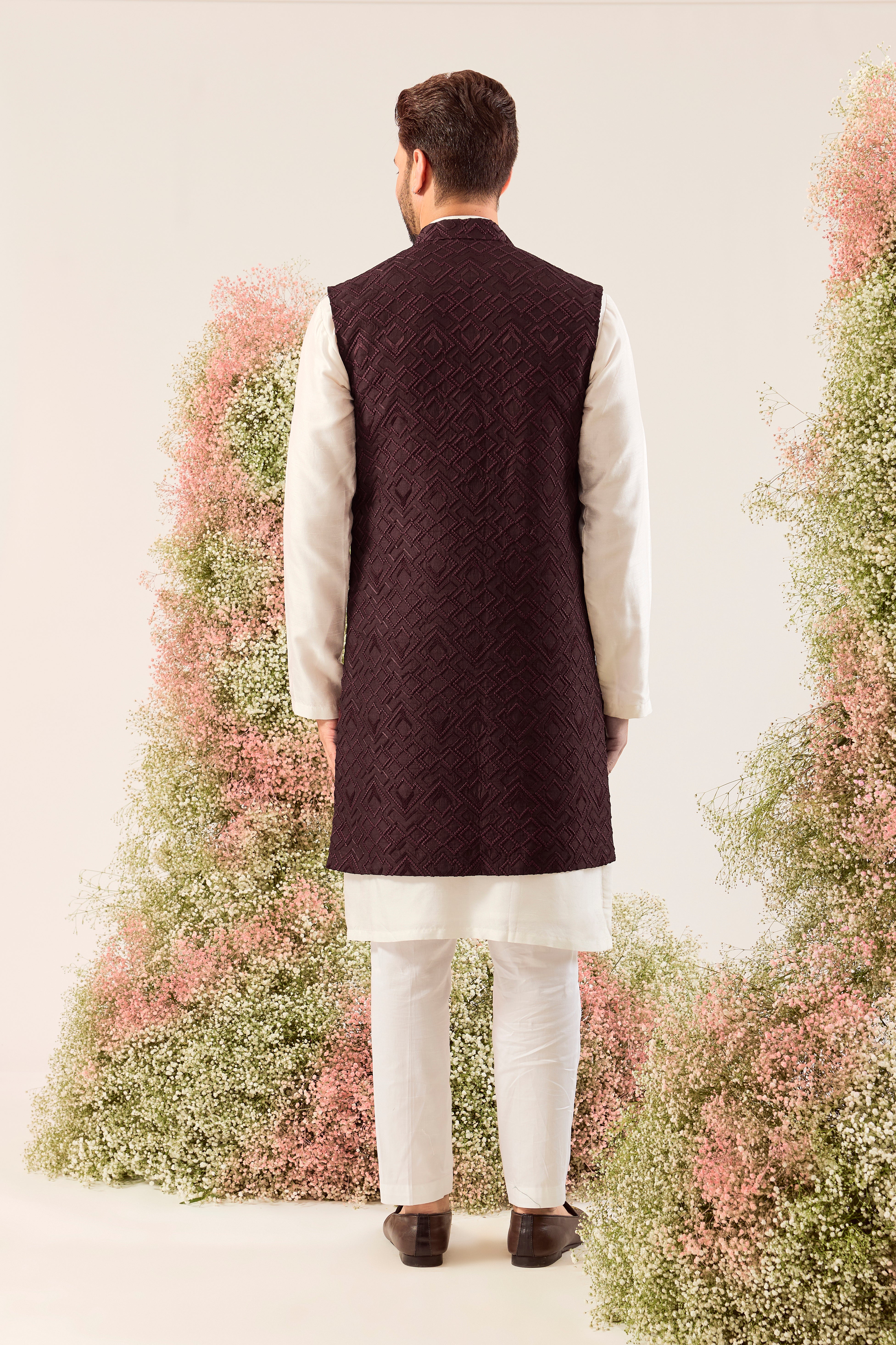 wine thread work geometrically embrodried long open jacket