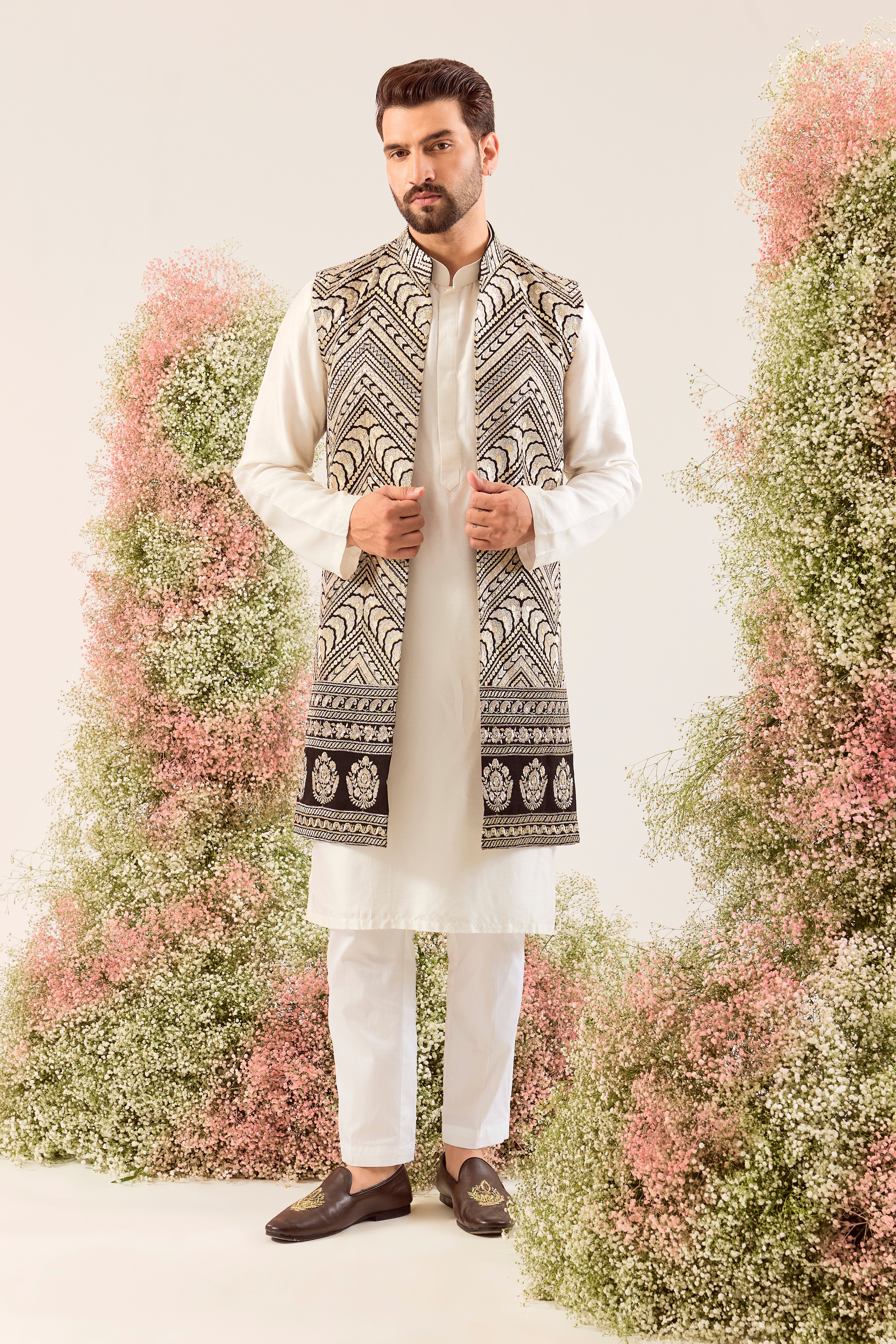 black long open jacket with golden thread work and heavy zari work