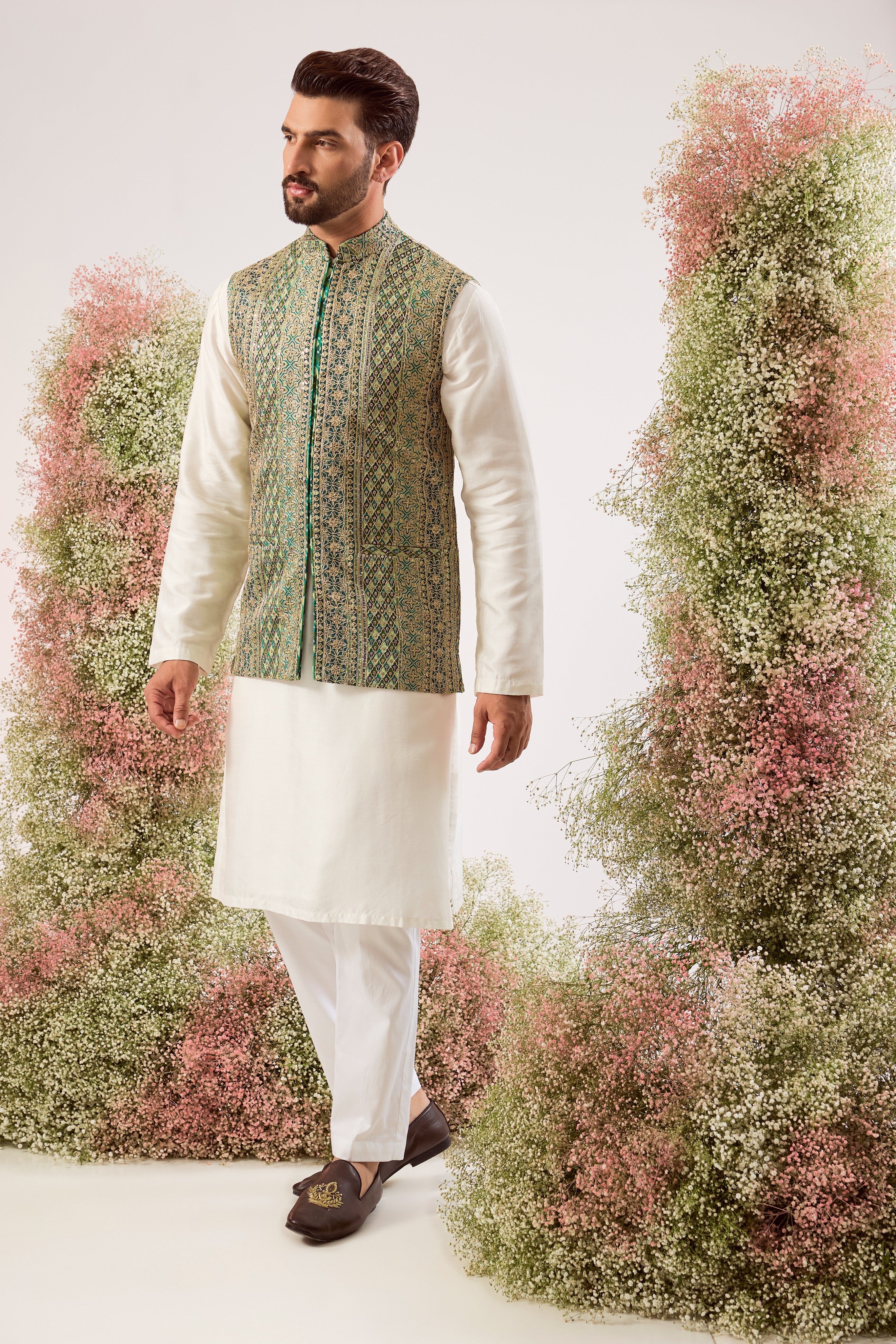 bottle green short nehru jacket with hooks & heavy zari work