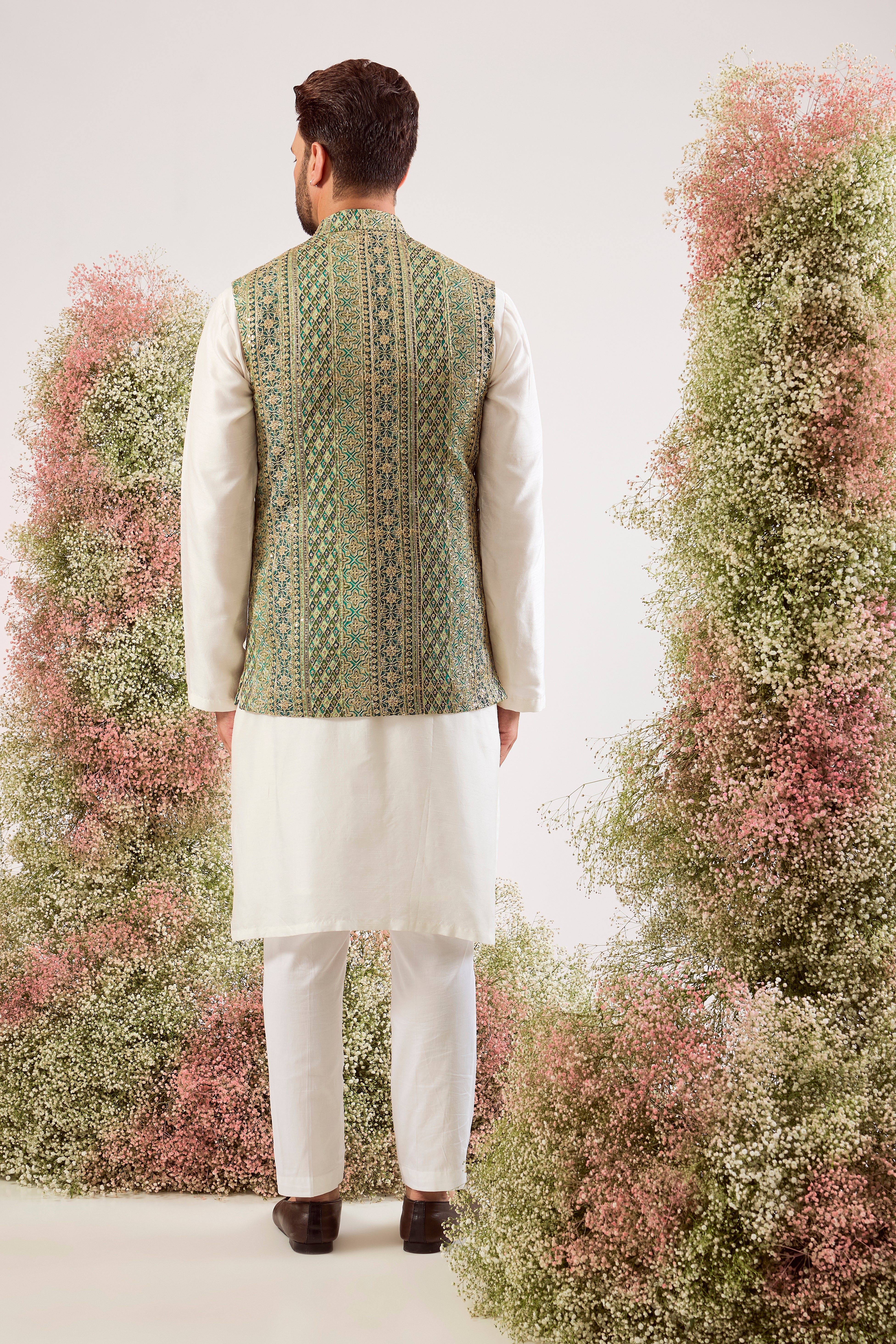bottle green short nehru jacket with hooks & heavy zari work