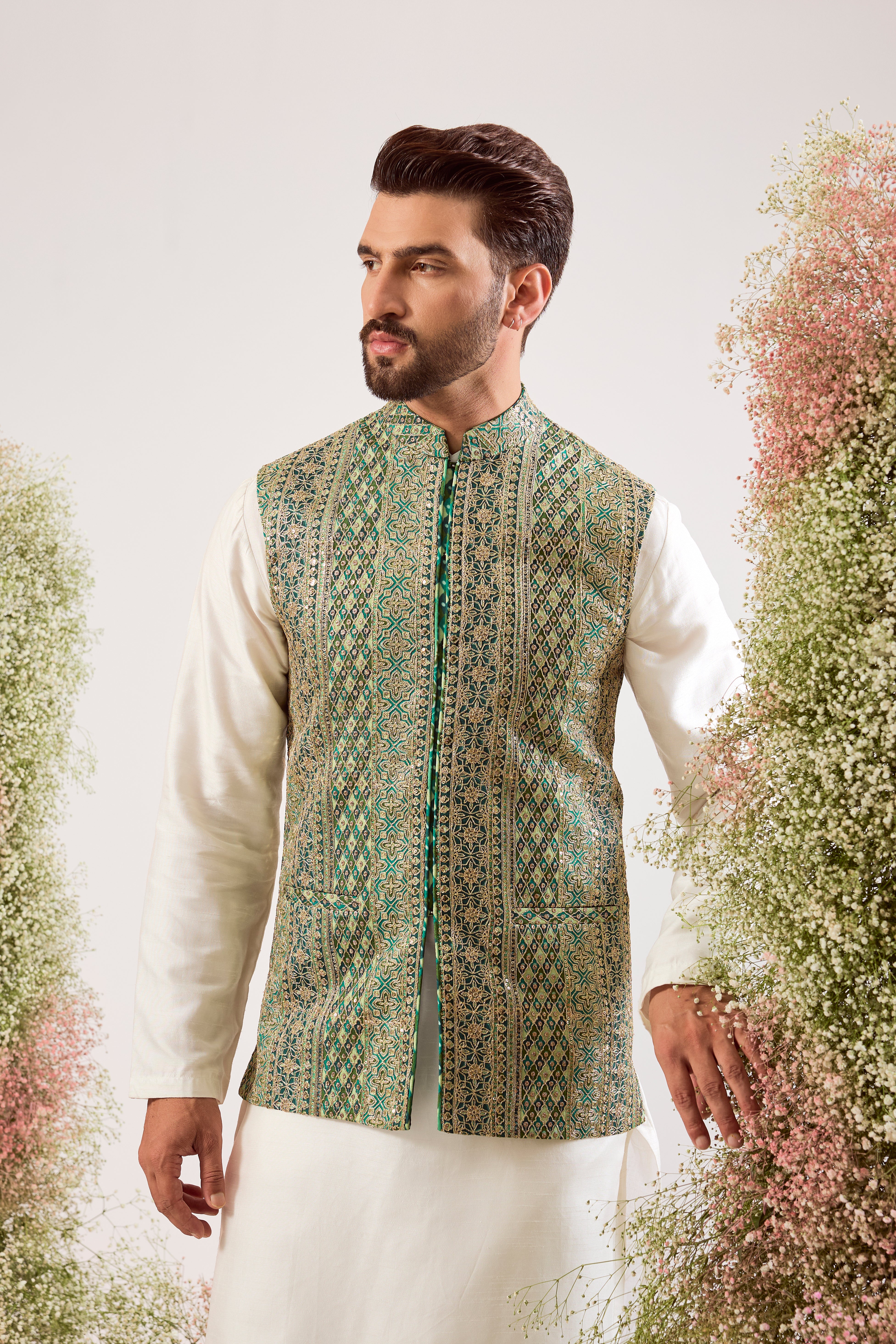 bottle green short nehru jacket with hooks & heavy zari work