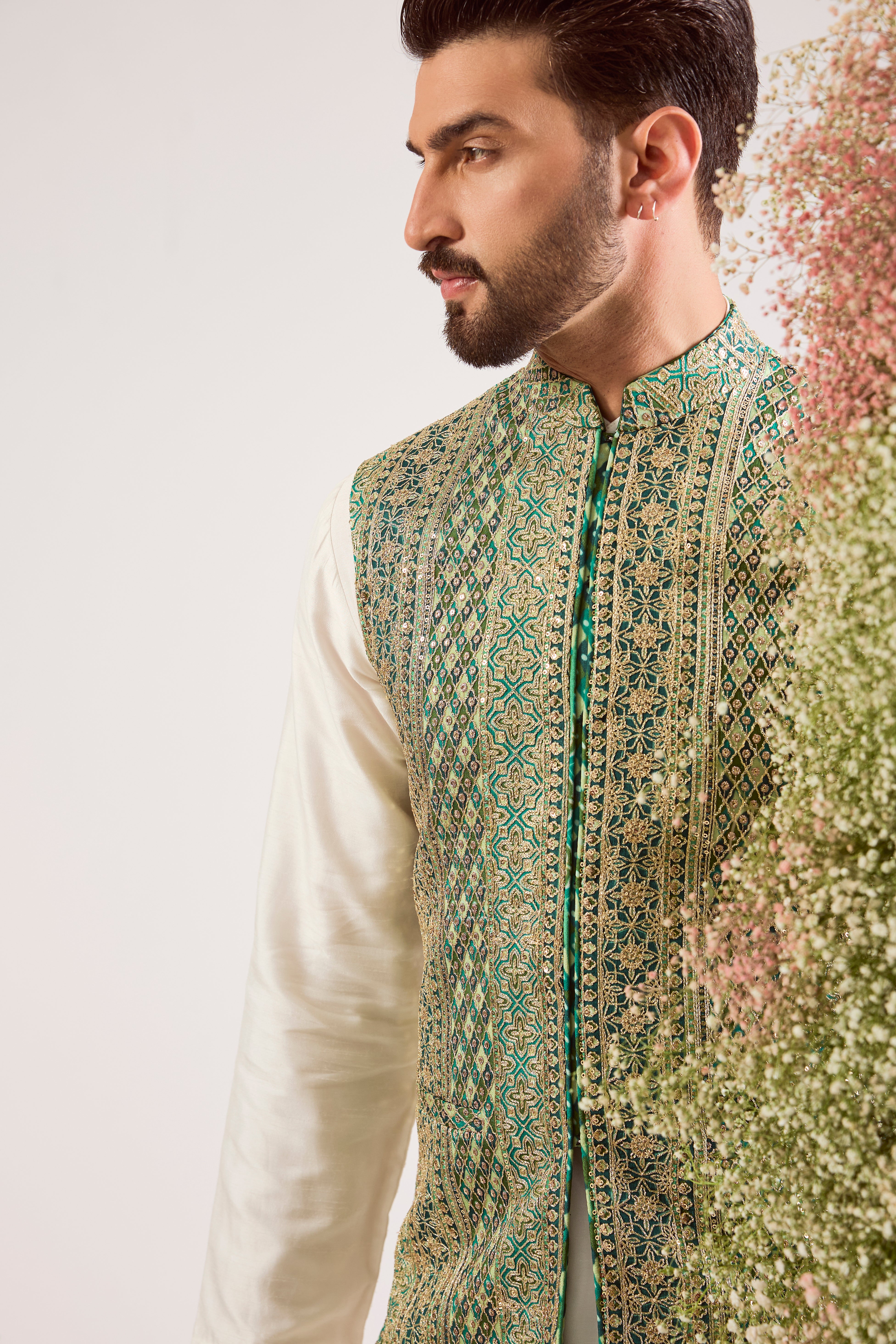 bottle green short nehru jacket with hooks & heavy zari work