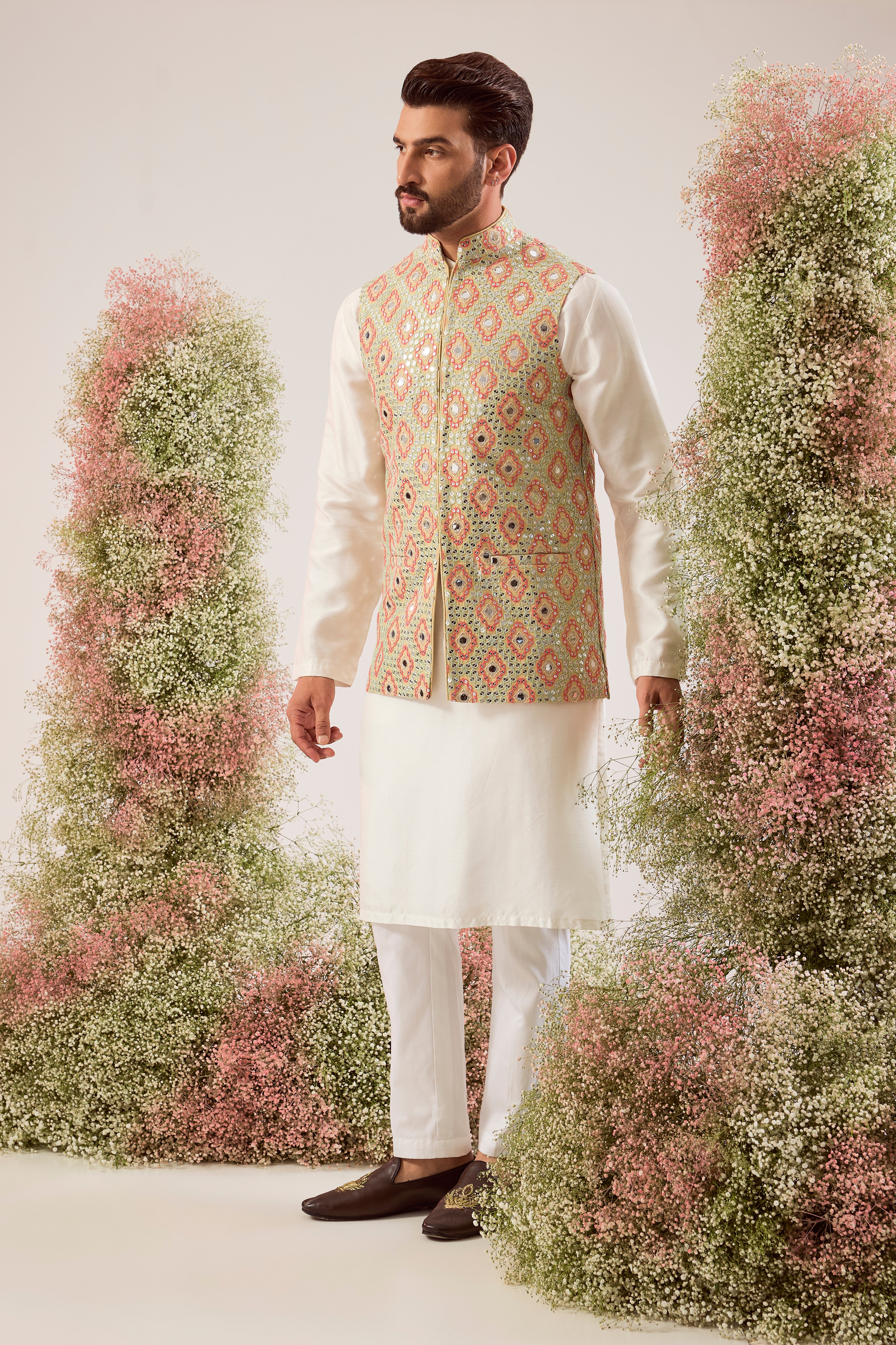 beige/ multicoloured short mirror work nehru jacket
