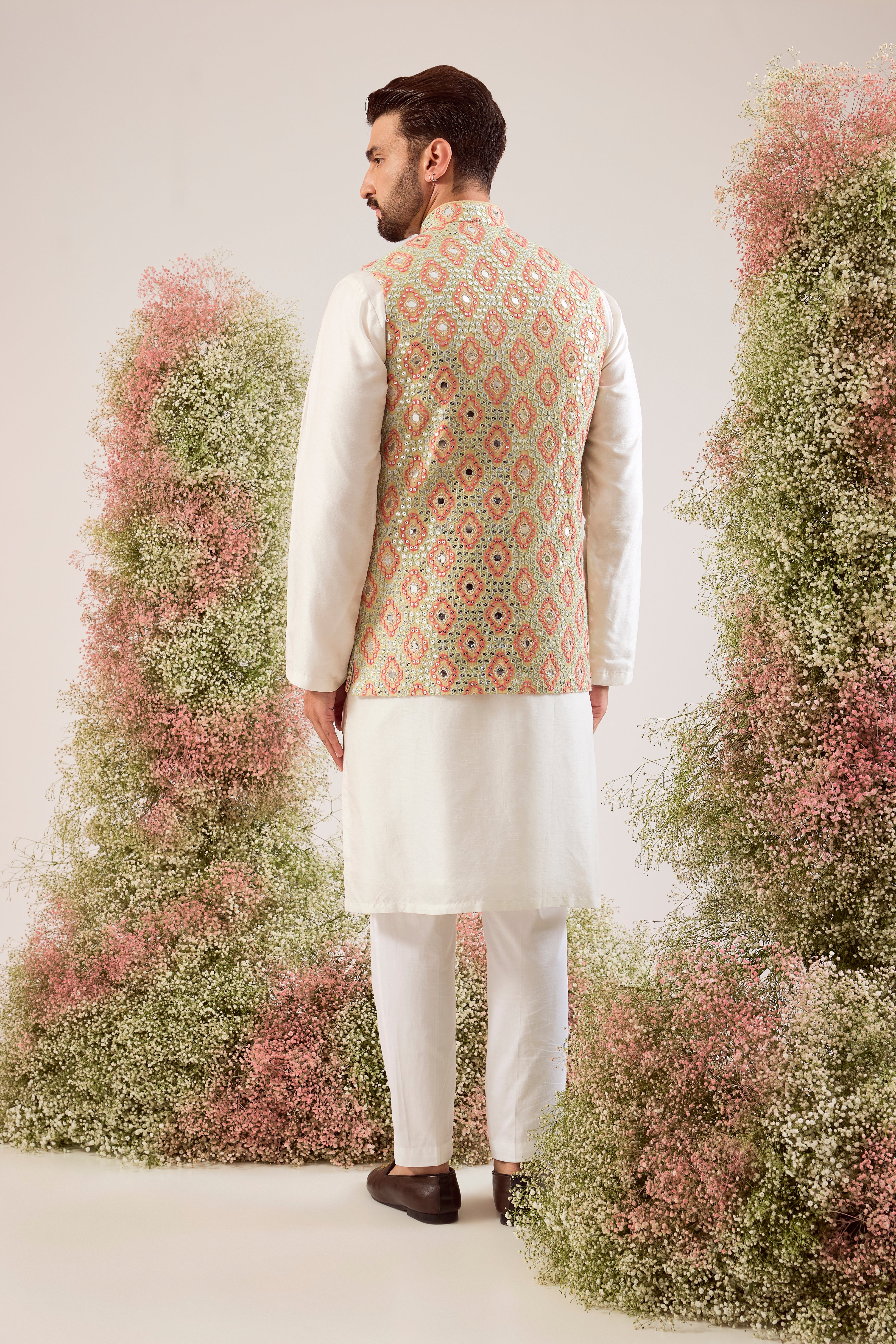 beige/ multicoloured short mirror work nehru jacket