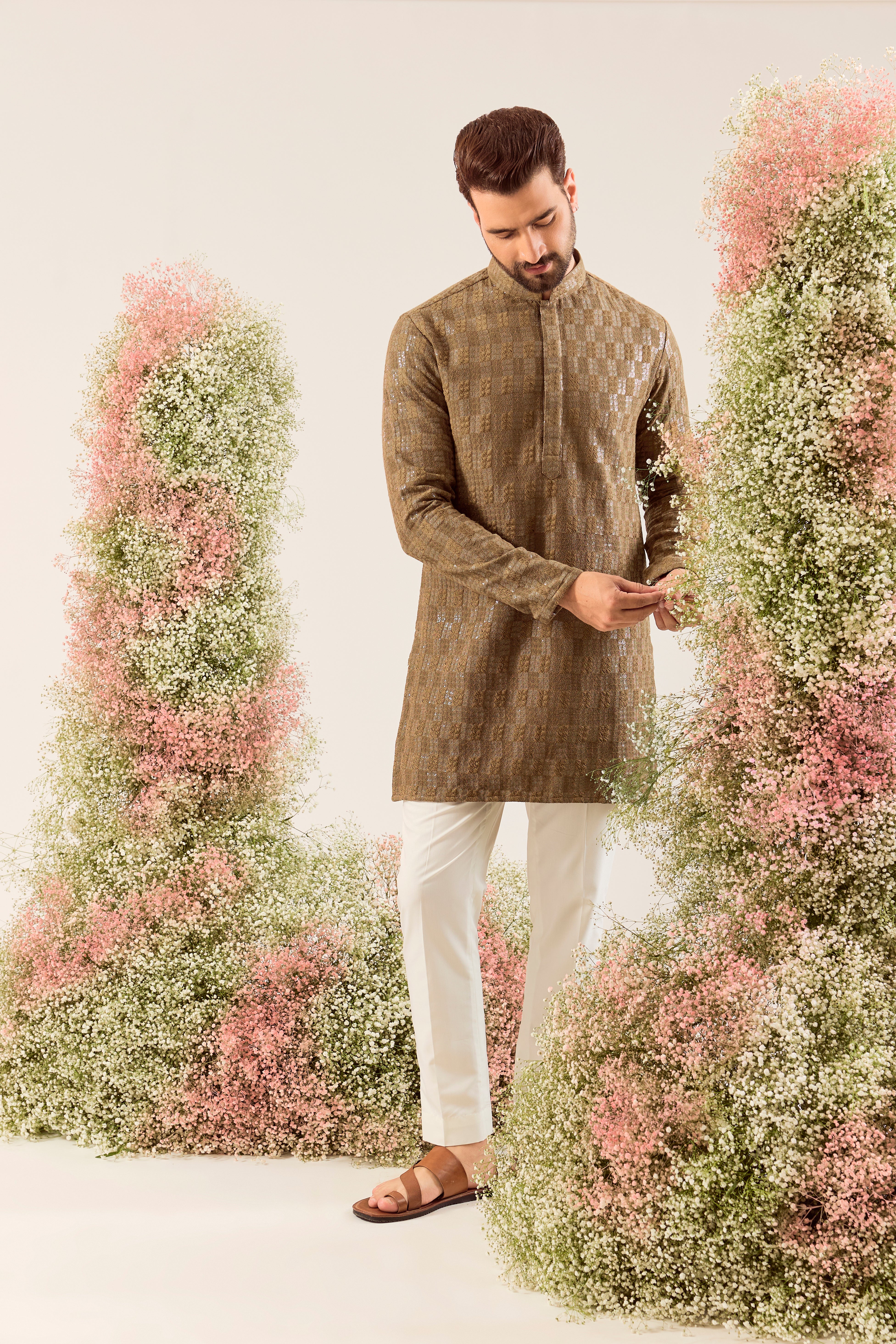 brown sequined short kurta on silk
