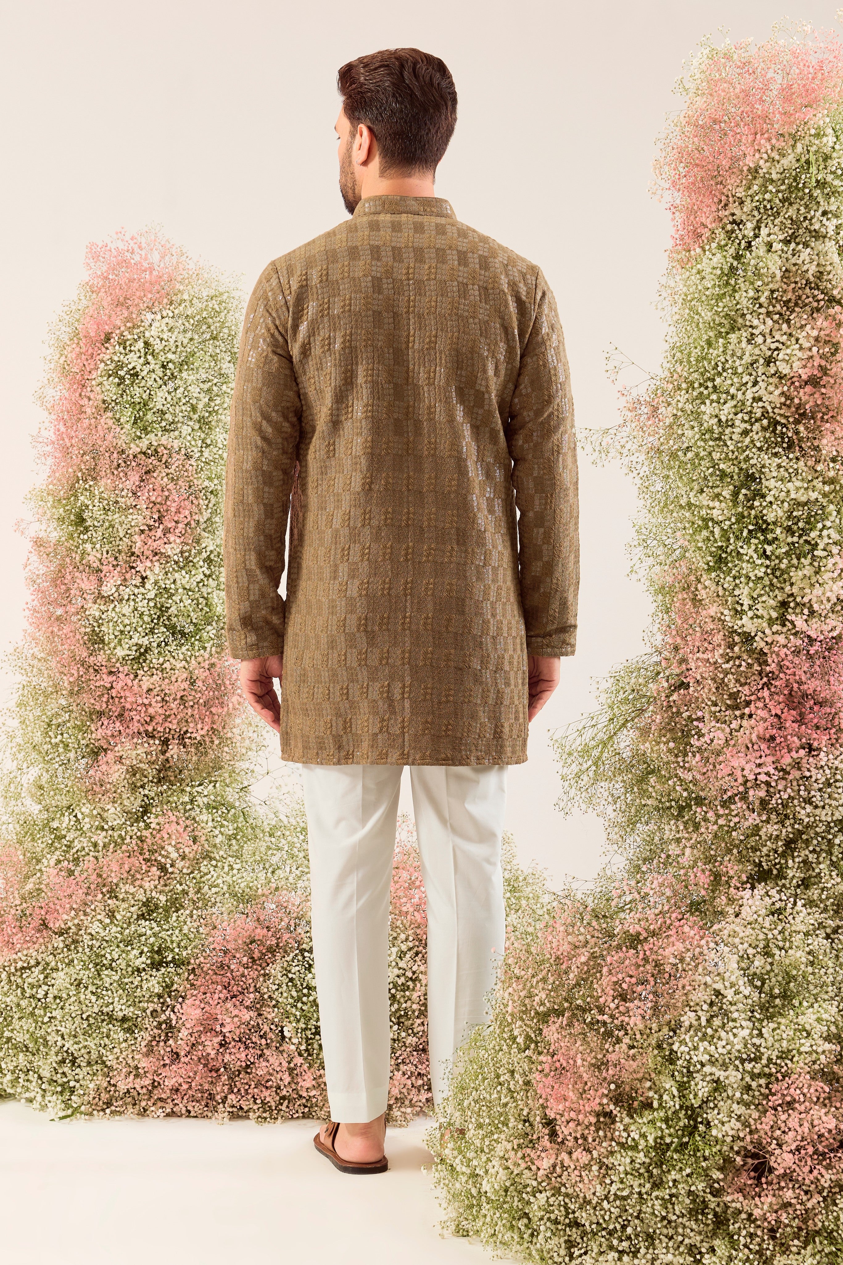 brown sequined short kurta on silk