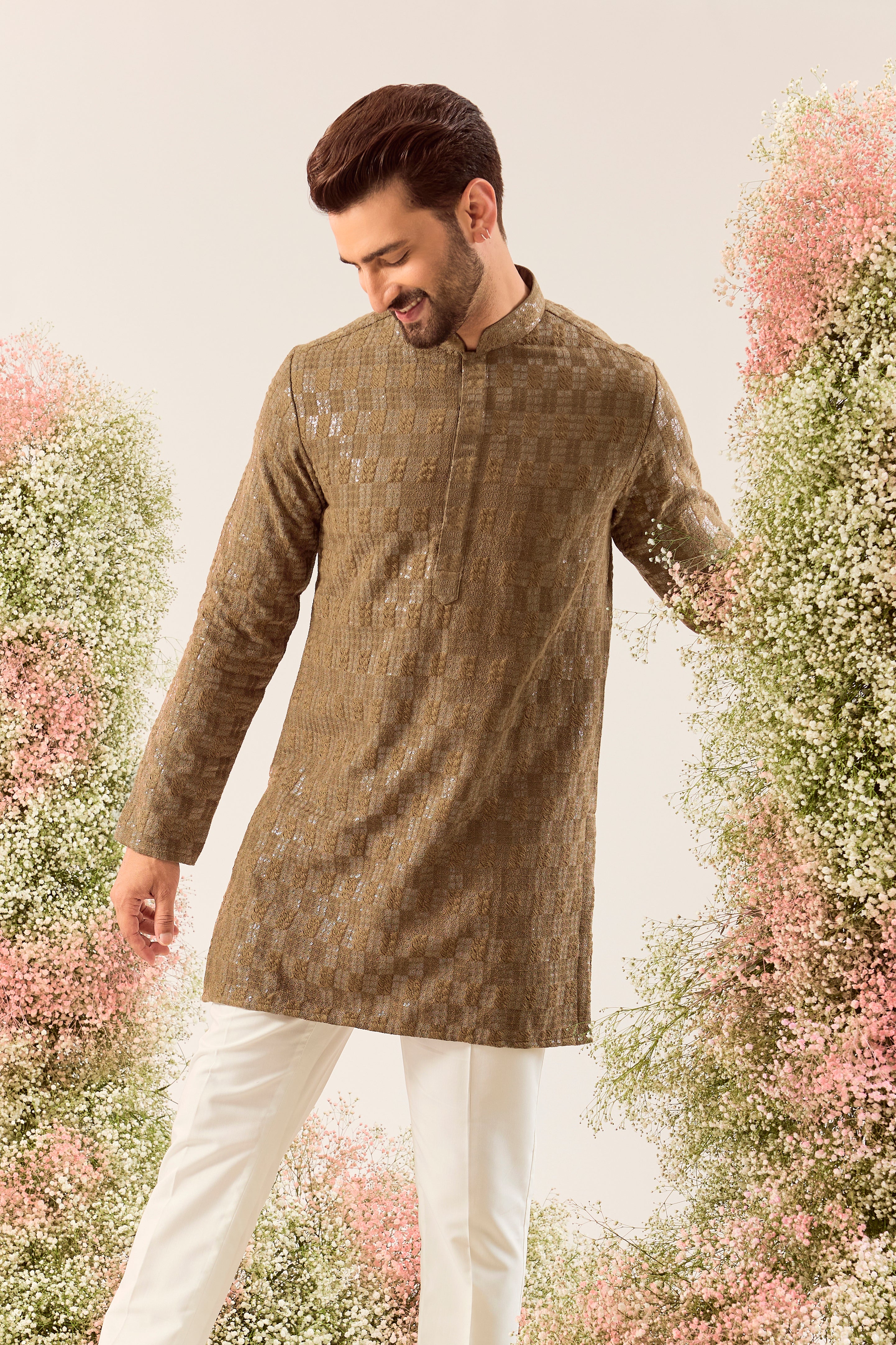 brown sequined short kurta on silk