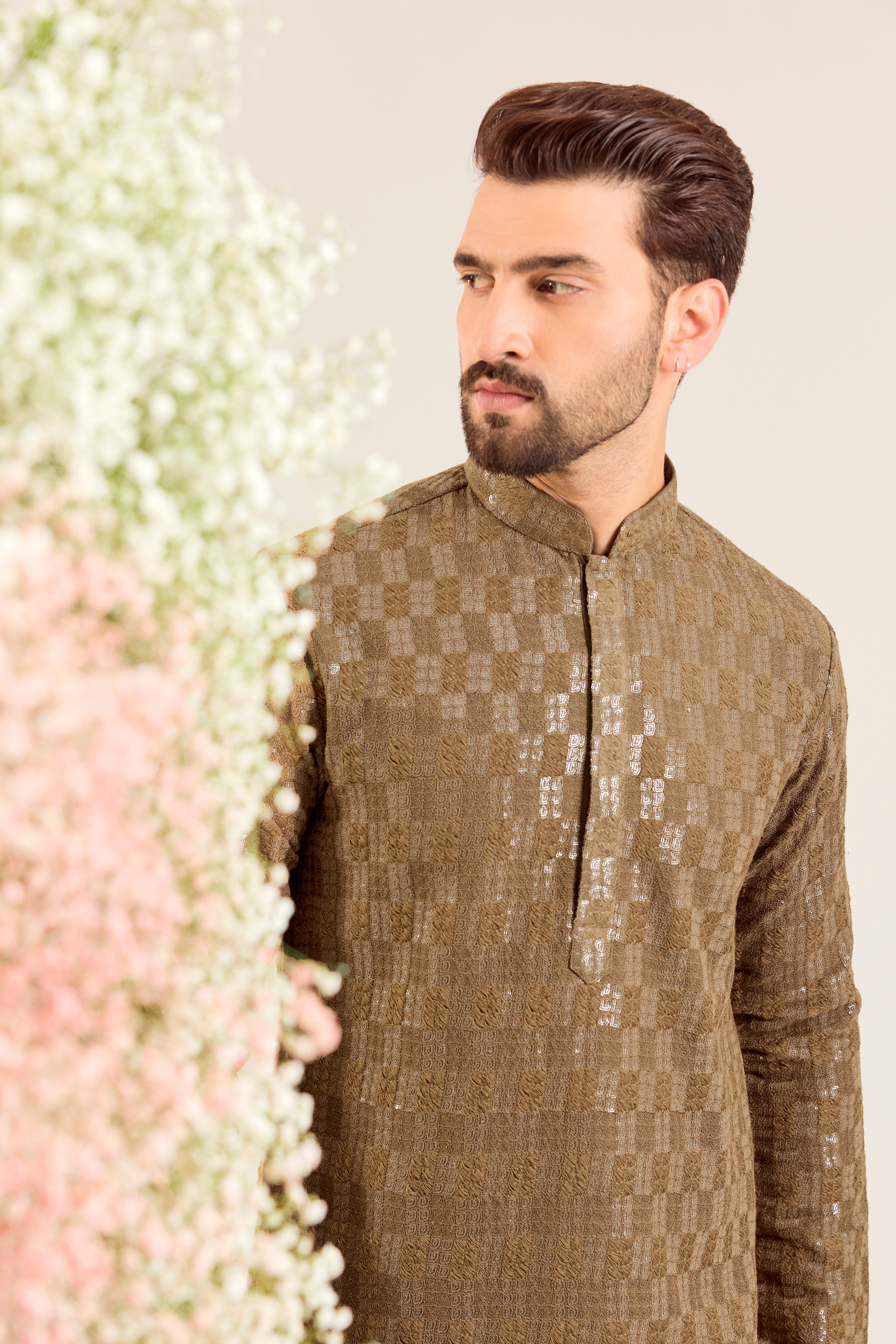 brown sequined short kurta on silk