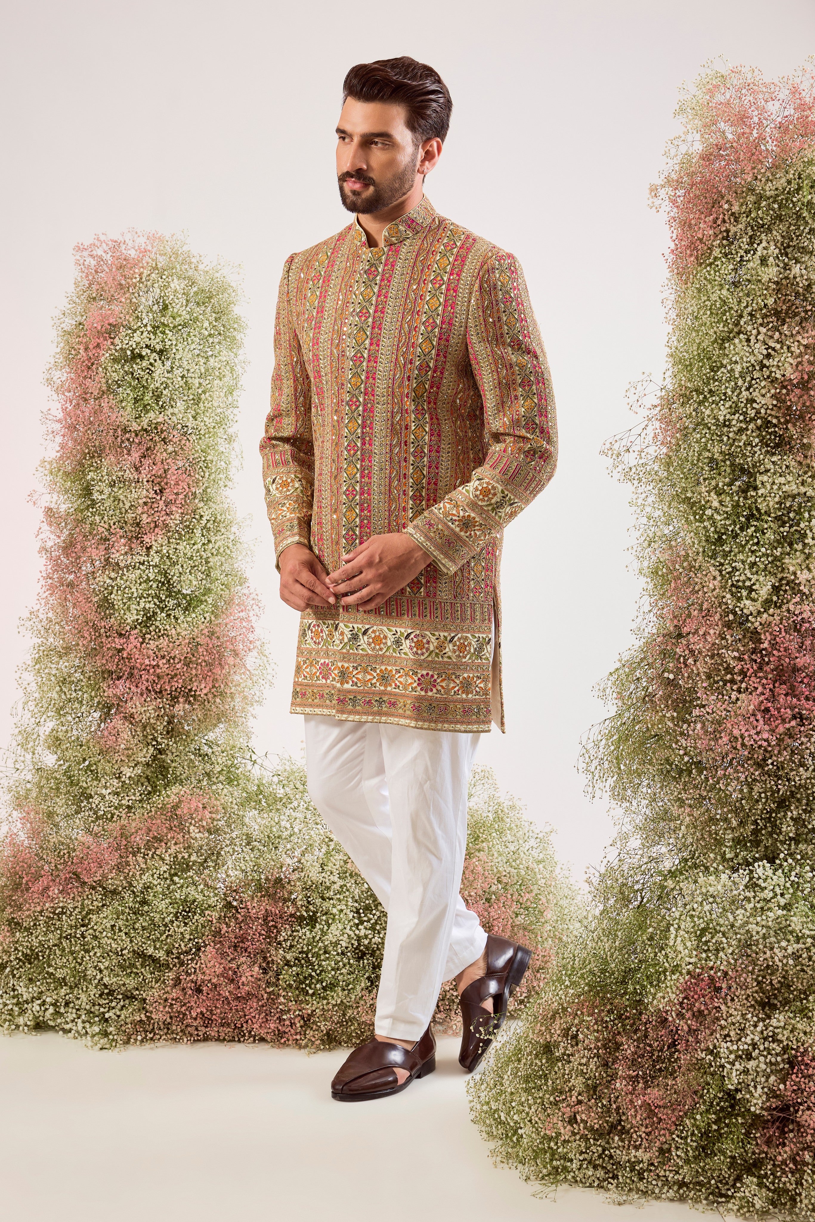 cream / multicoloured short indowestern with intricate zari and sequin work