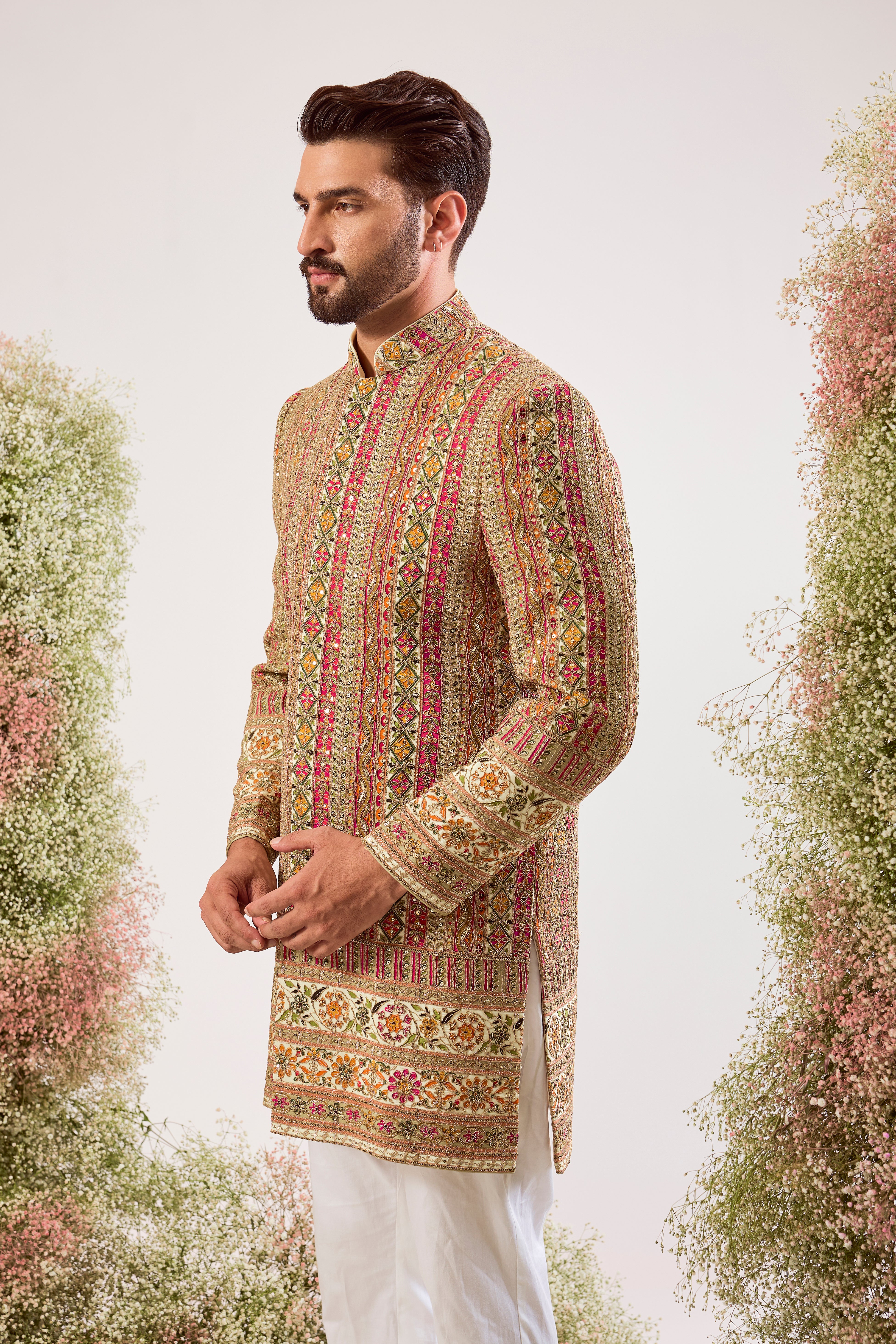 cream / multicoloured short indowestern with intricate zari and sequin work
