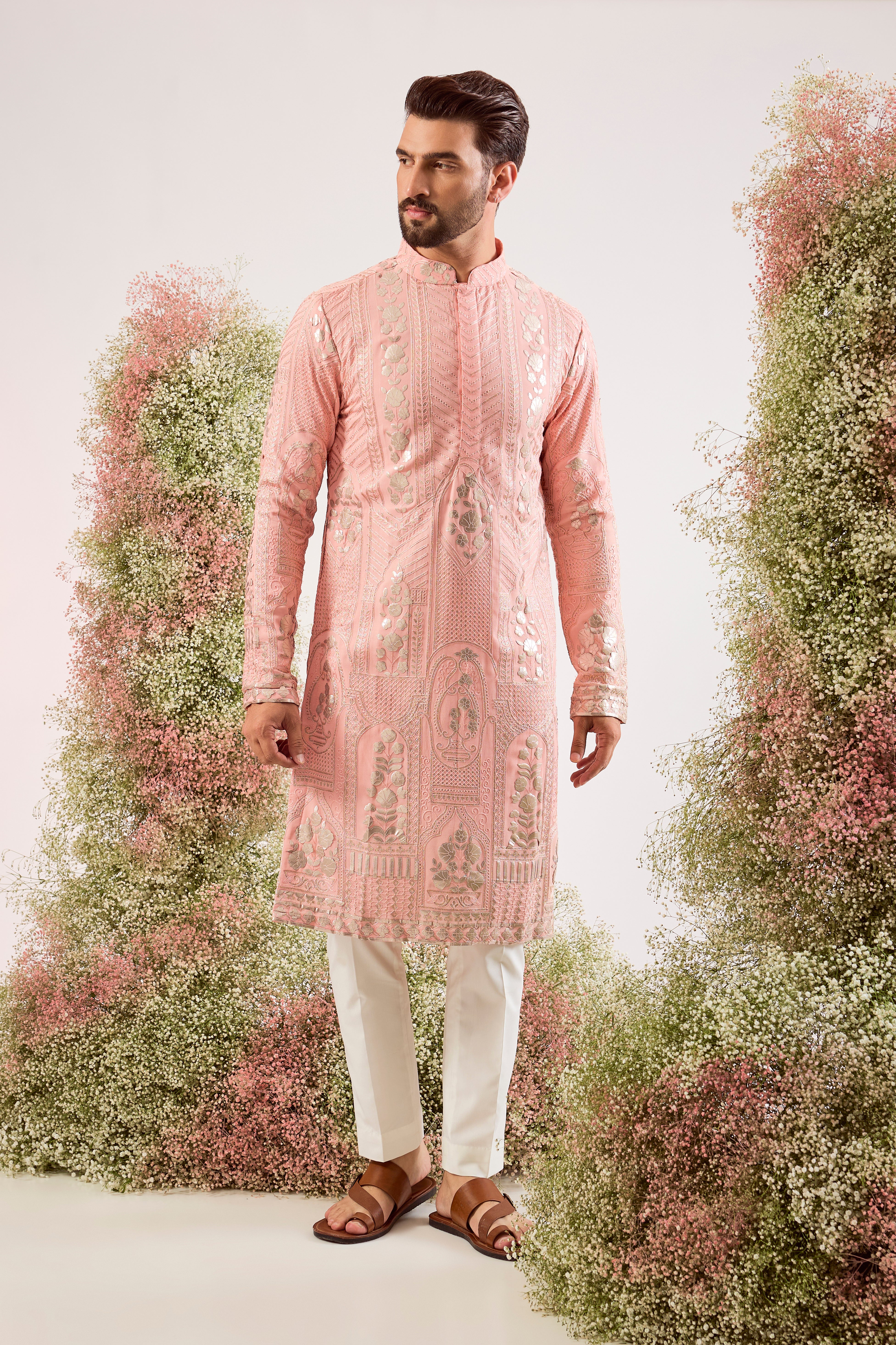 peach leather patchwork kurta with intricate thread and sequin work