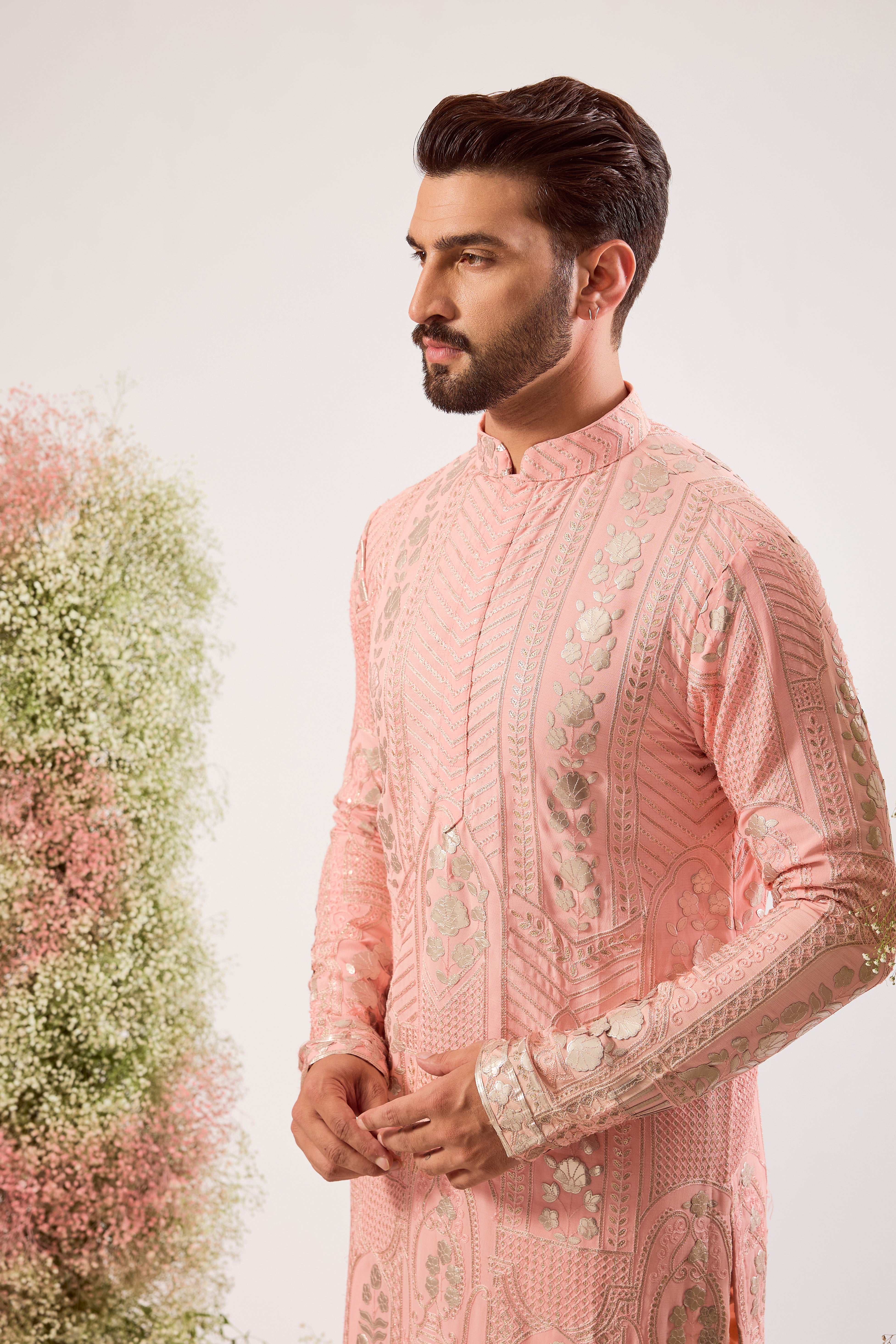 peach leather patchwork kurta with intricate thread and sequin work