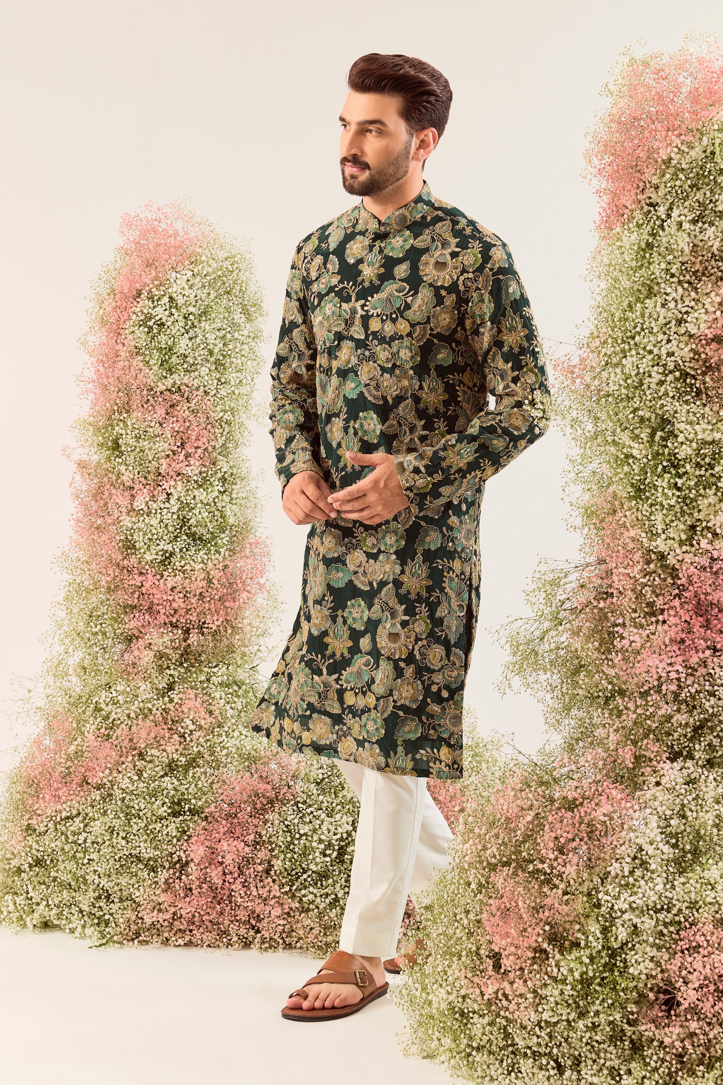 green long kurta with intricate floral embroidery done with deatiled zari & sequin