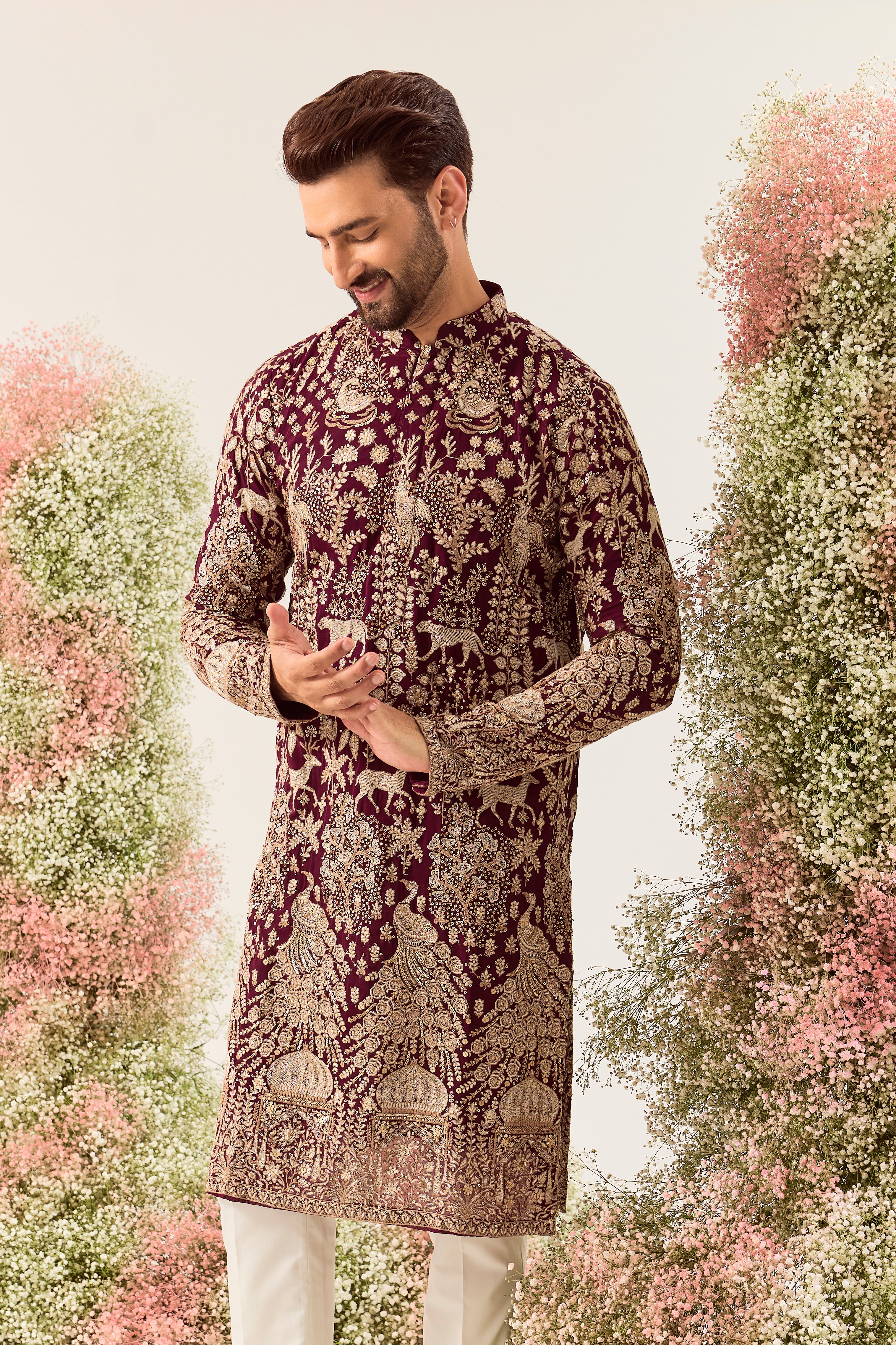 wine royal heritage kurta with intricate flora and fauna & deatiled mughal darbars decorated with sequin and zari