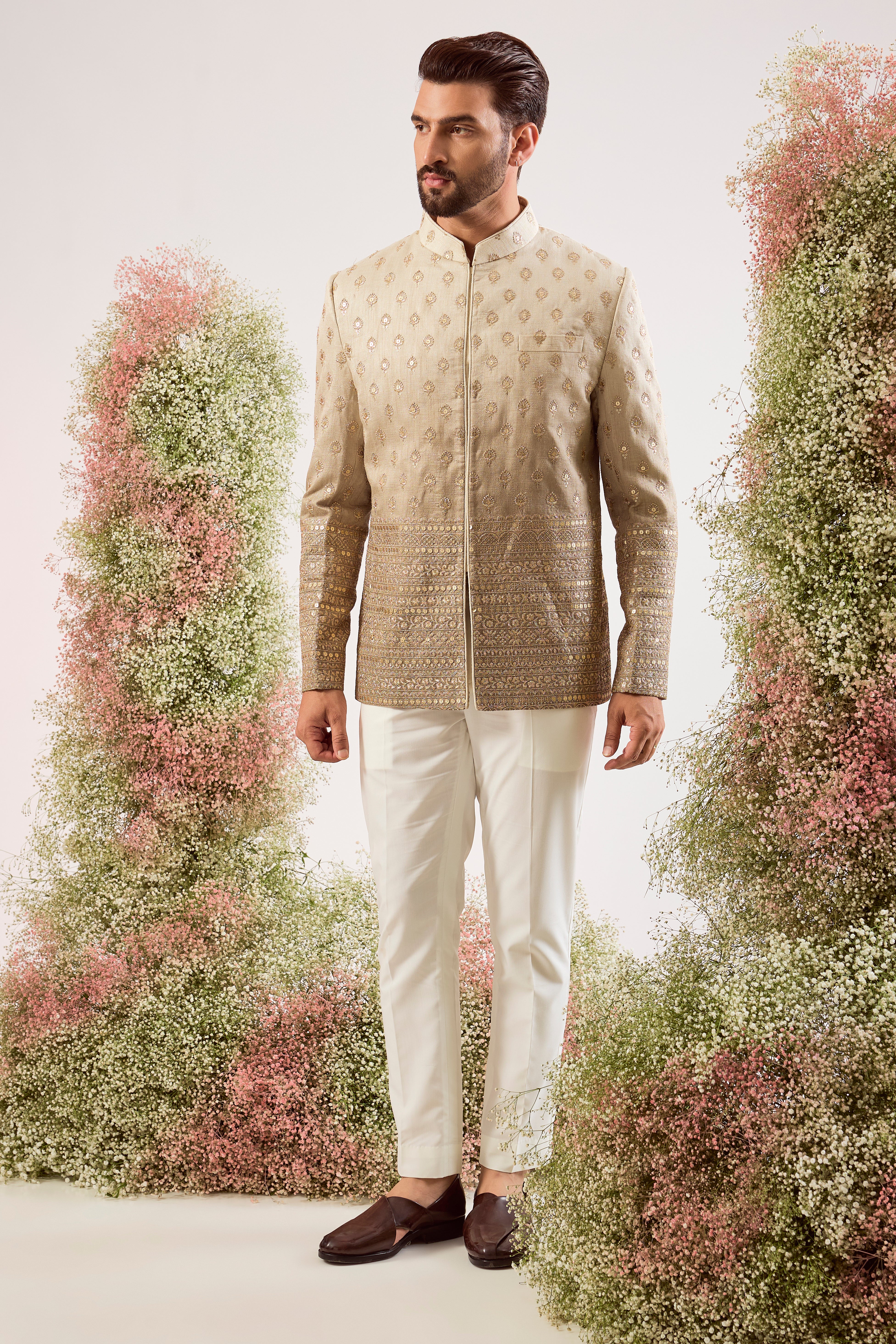 grey-green ombre shaded bandgala with subtle zari and sequin work