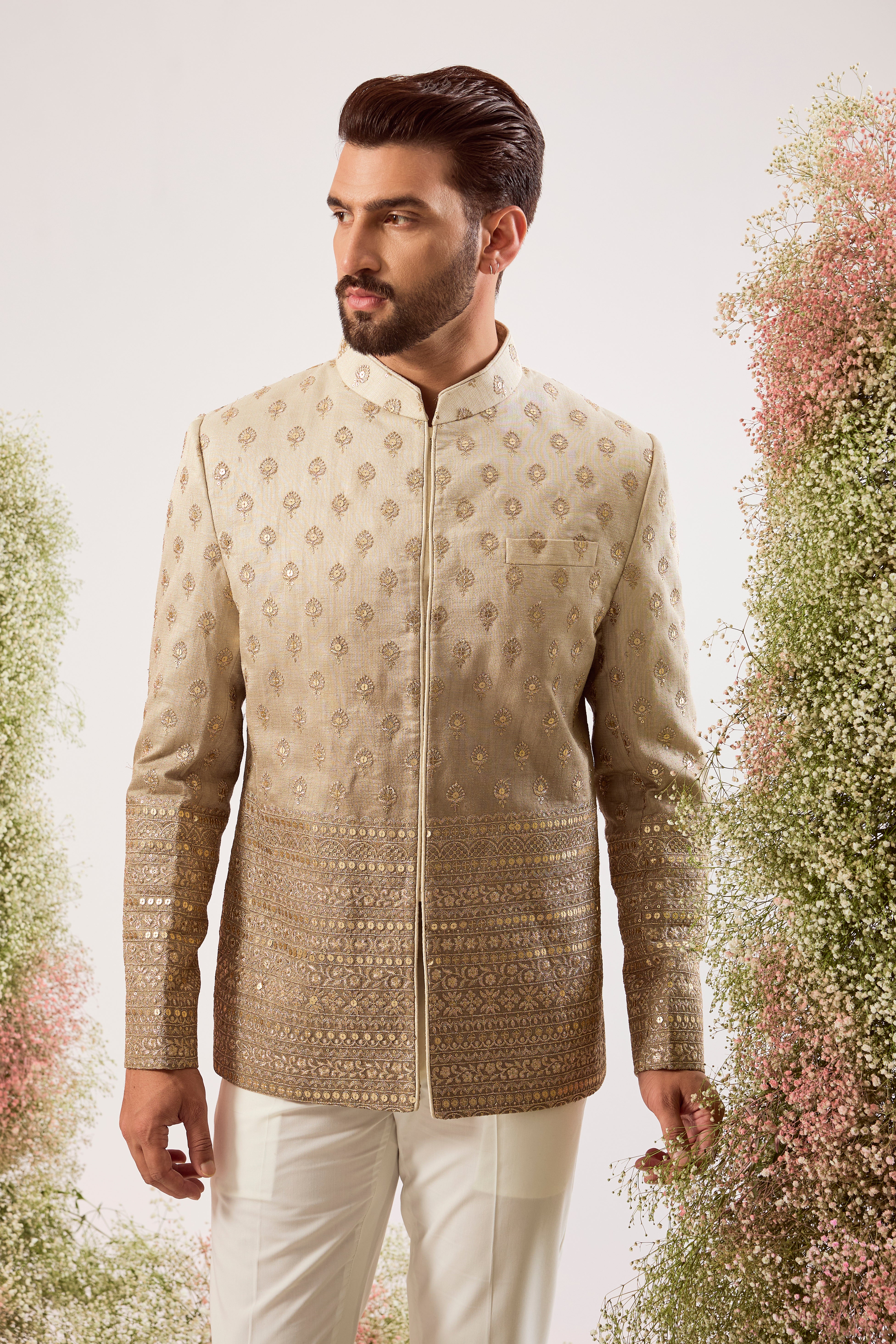 grey-green ombre shaded bandgala with subtle zari and sequin work