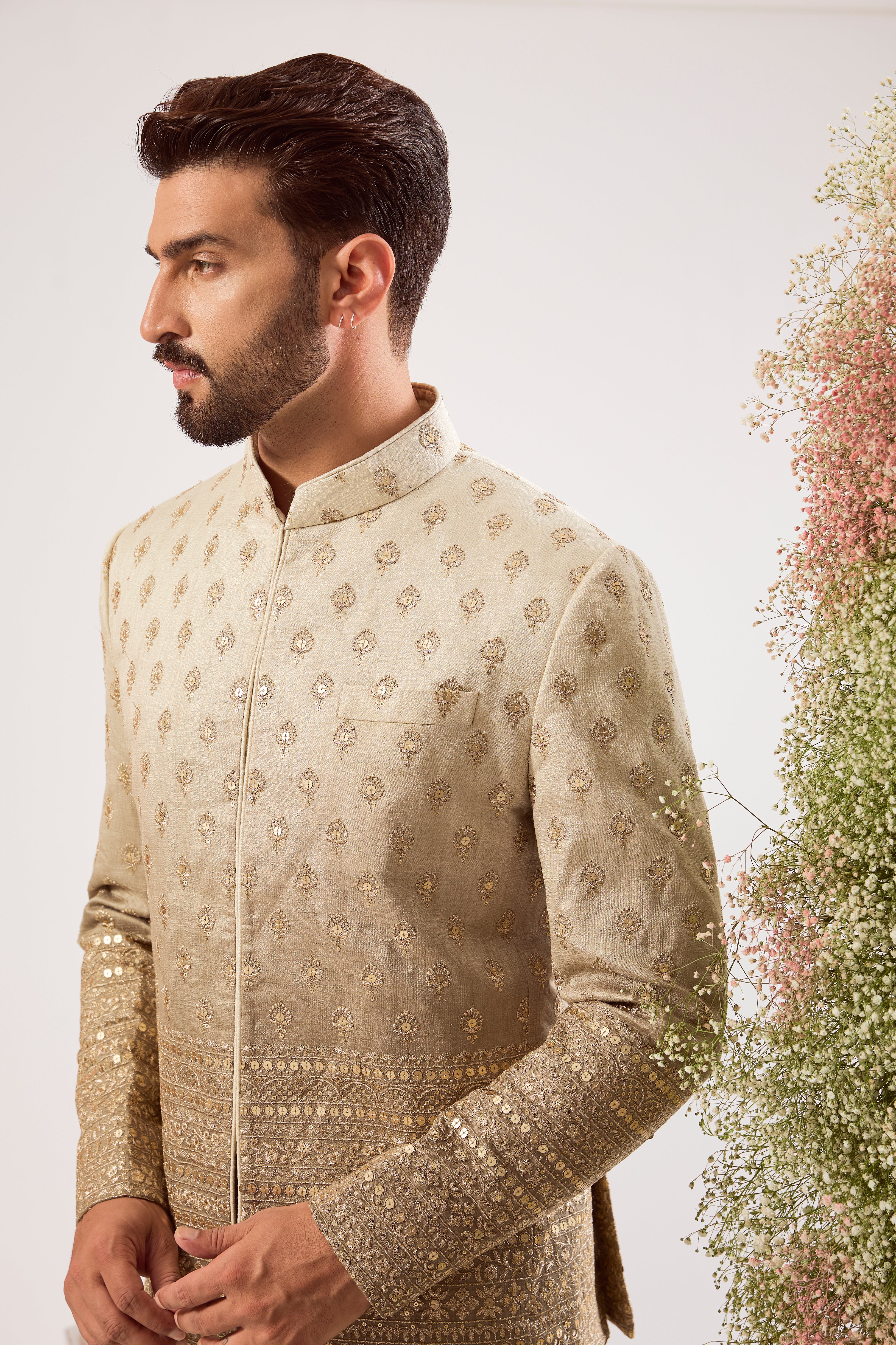 grey-green ombre shaded bandgala with subtle zari and sequin work