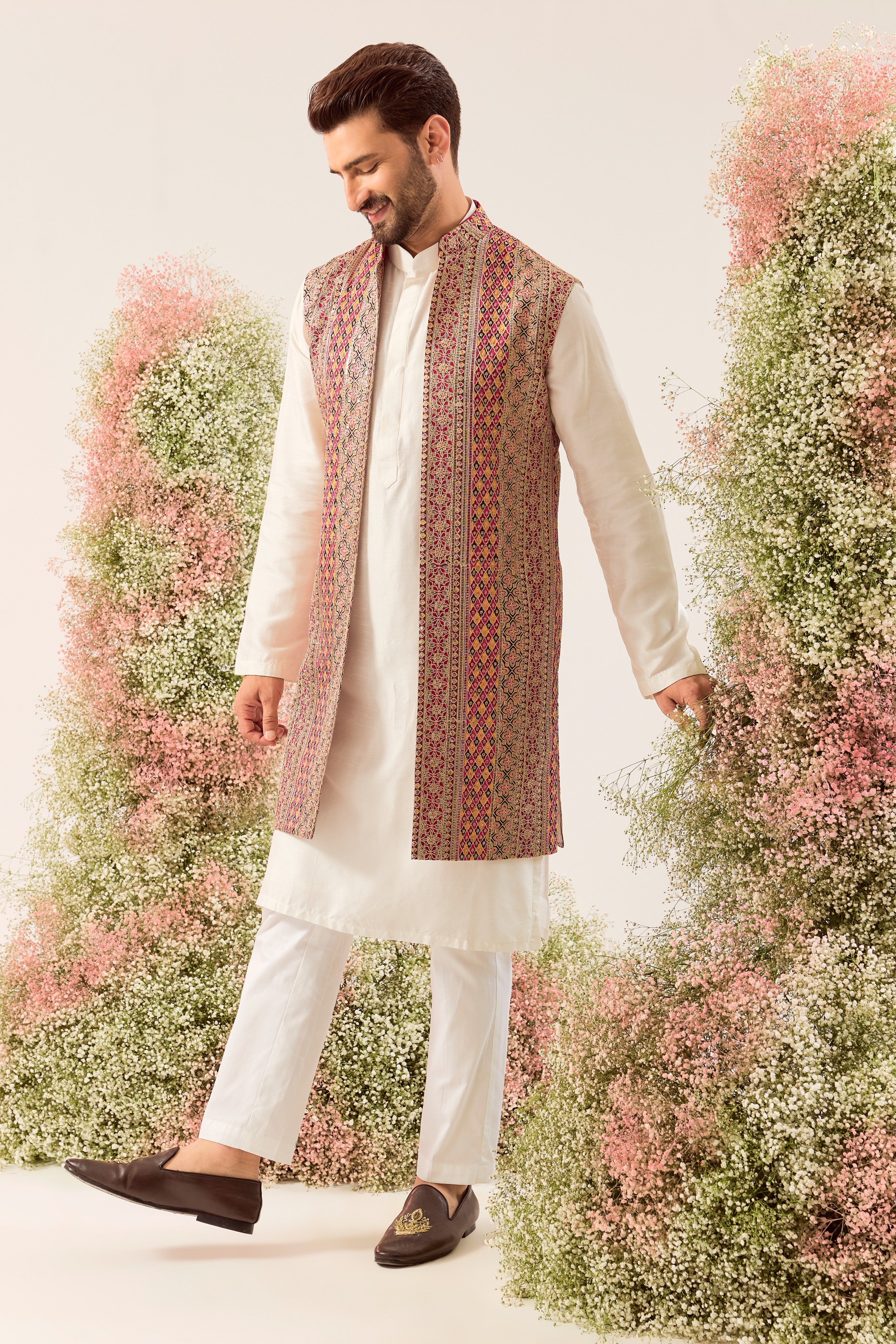 multi coloured long open jacket with heavy zari and sequin work