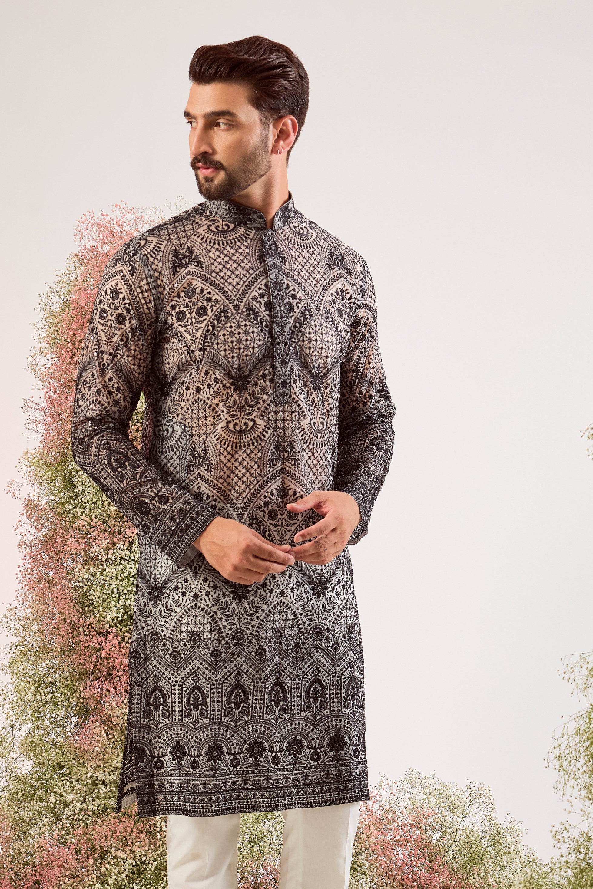 black chikankari see through long kurta on organza