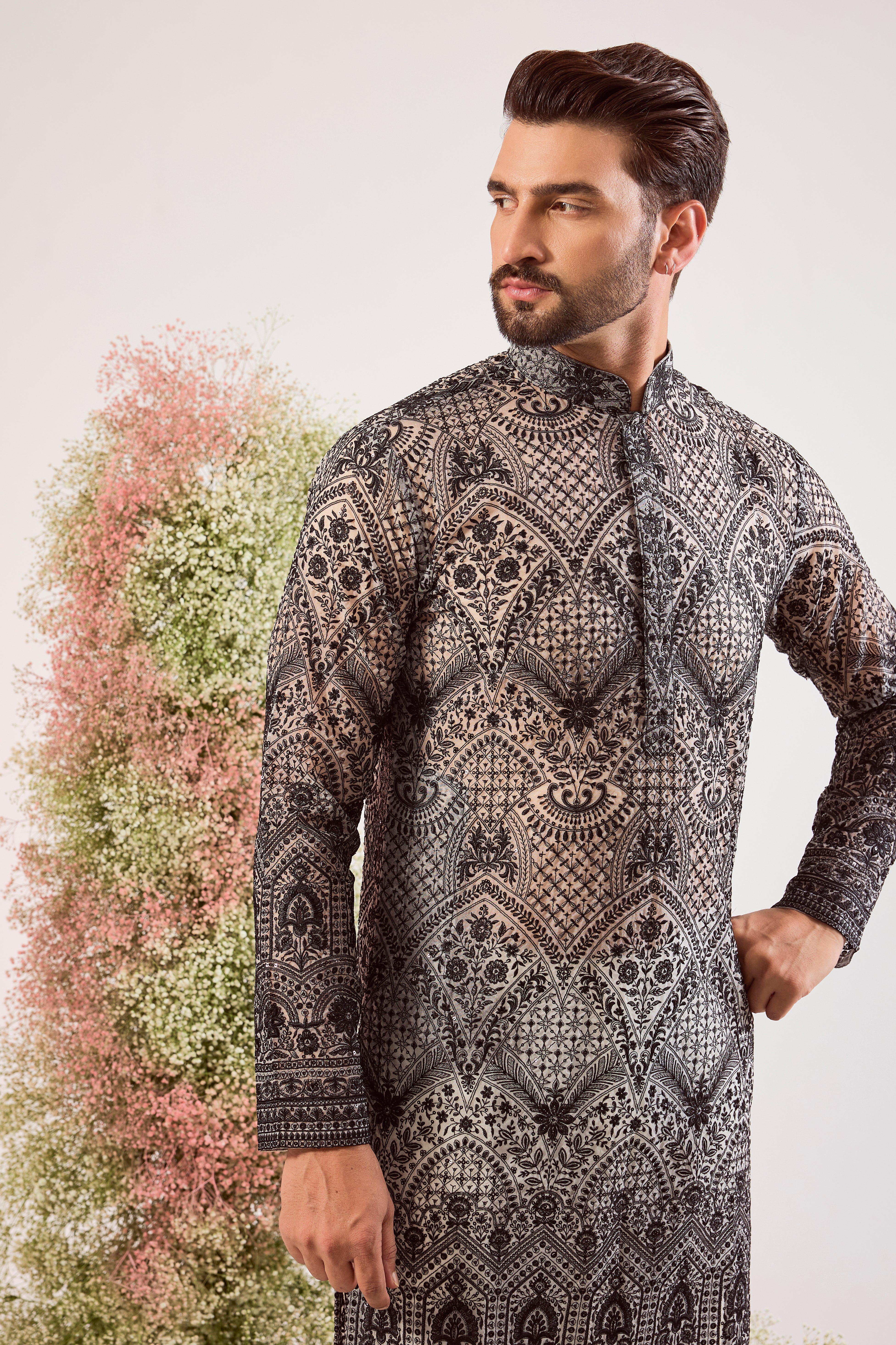 black chikankari see through long kurta on organza