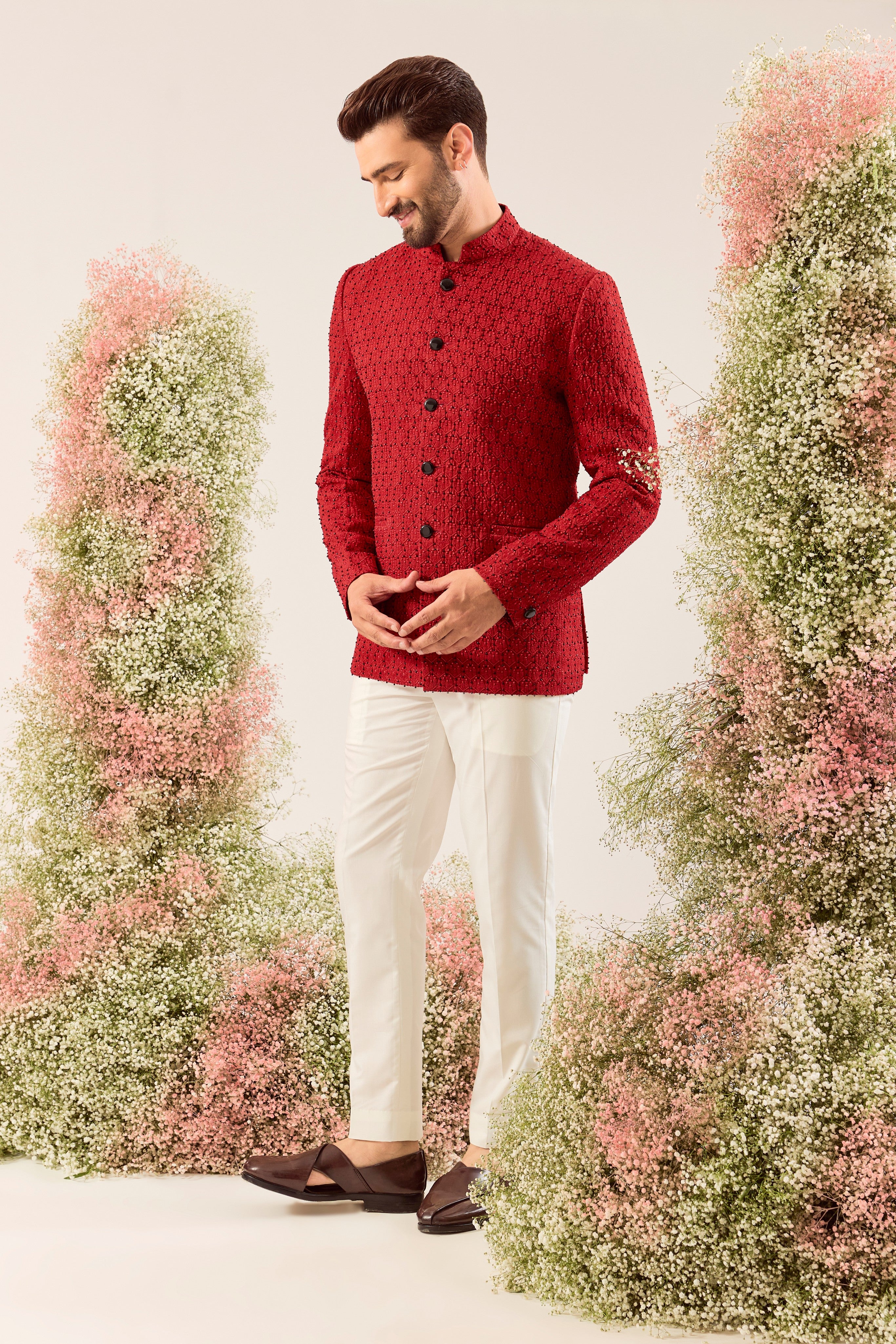 our classic red bandgala with intricate thread work and sleek cut dana