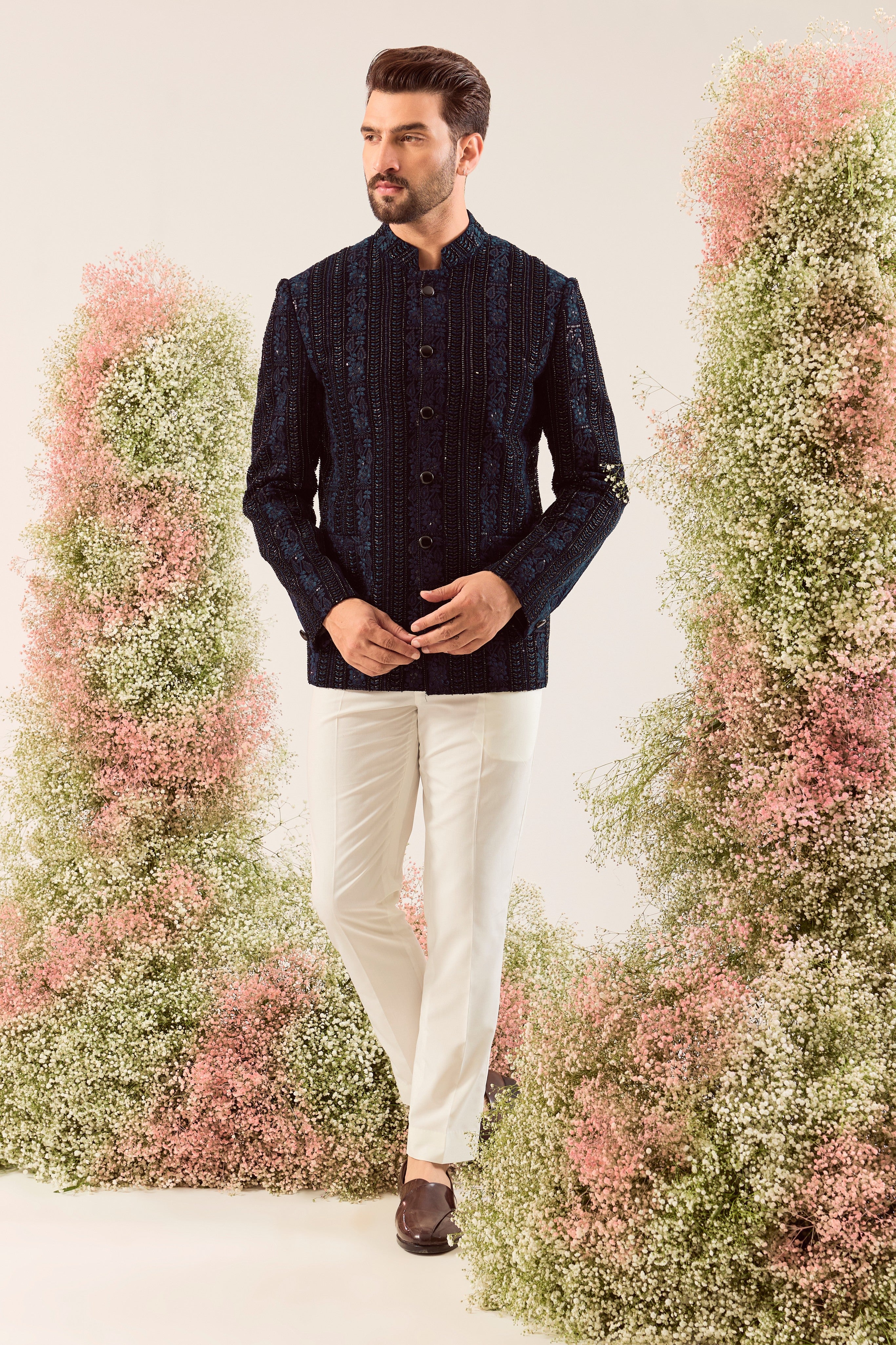 navy blue bandgala with intricate cut dana and floral embroidery