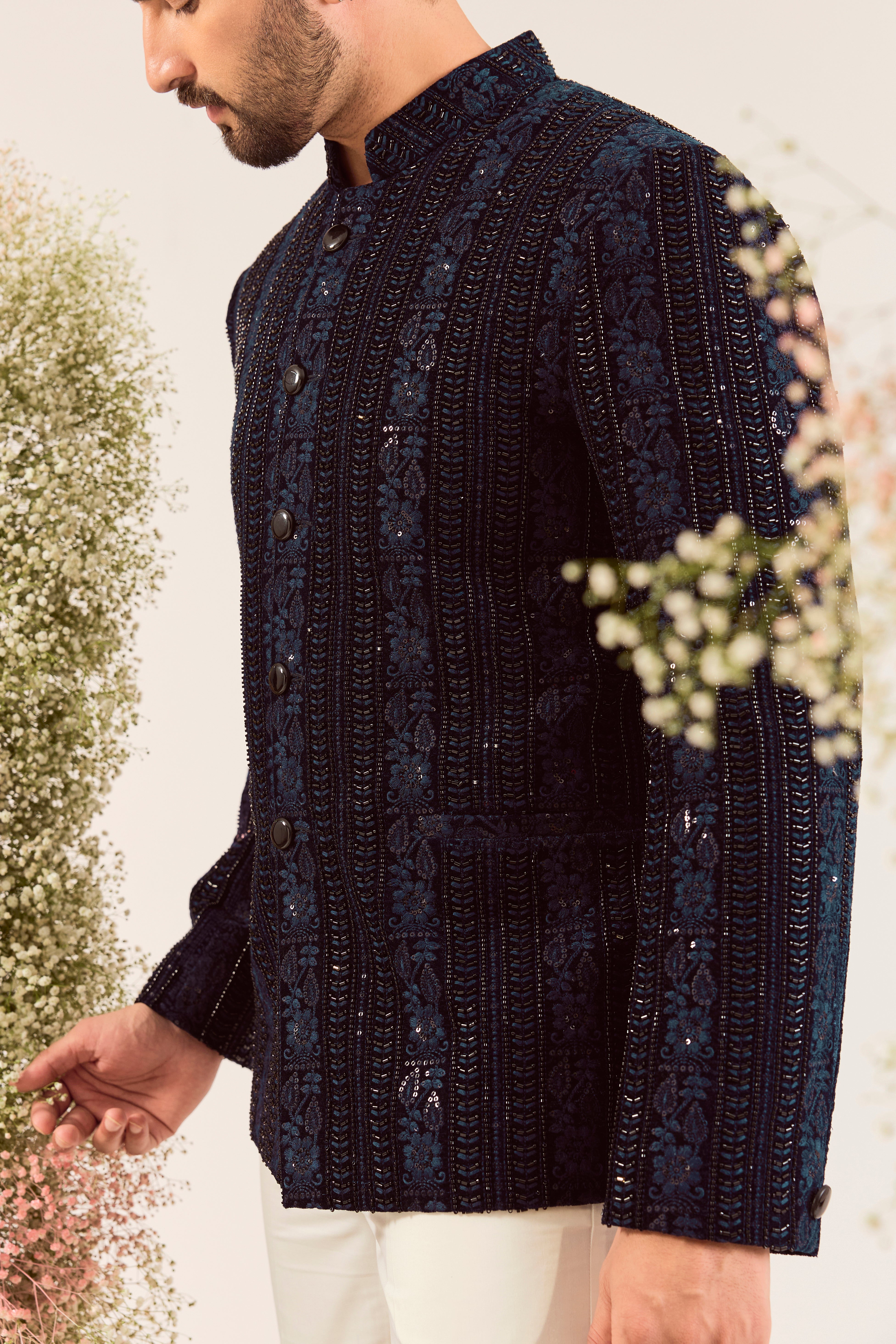 navy blue bandgala with intricate cut dana and floral embroidery