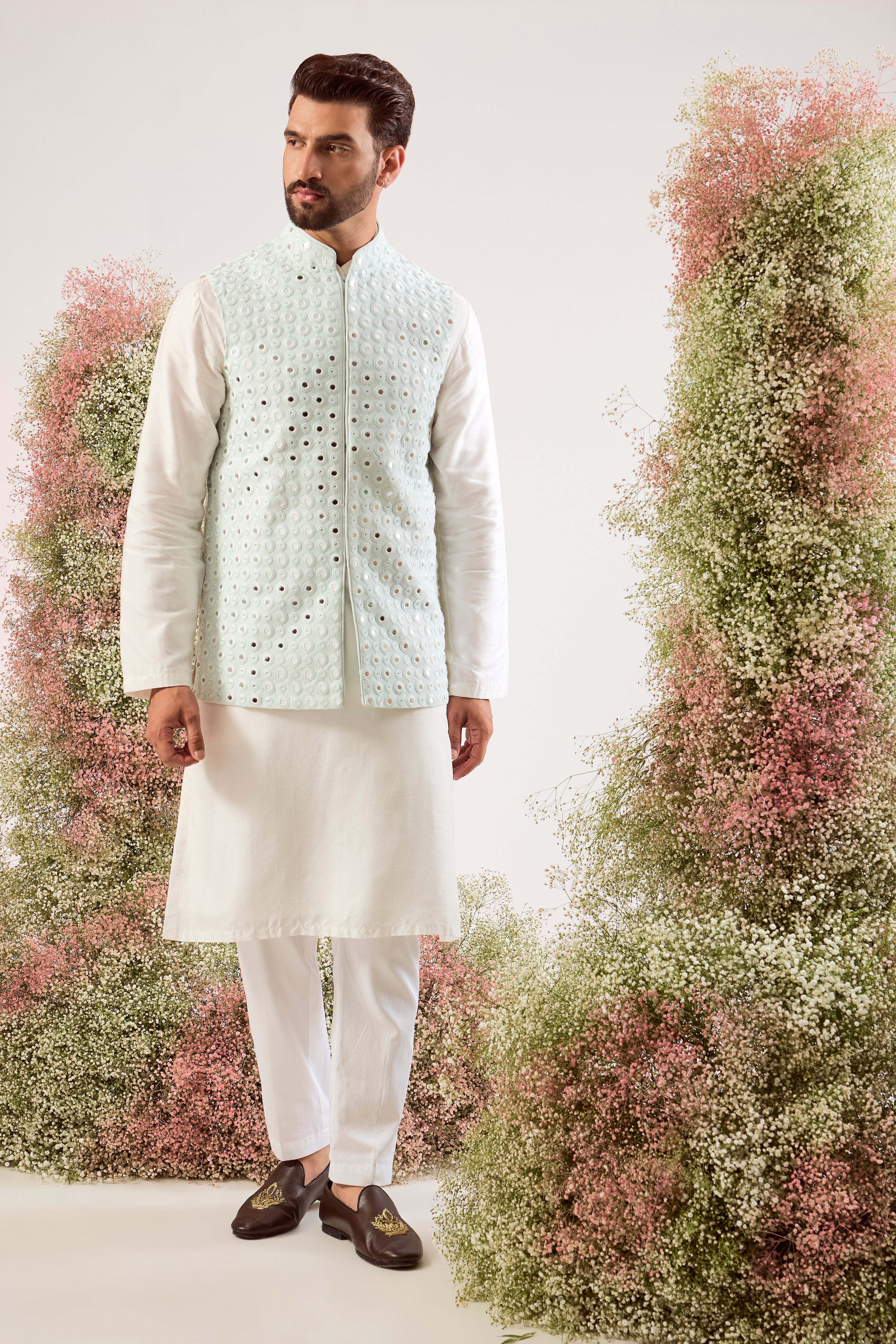sky blue short nehru jacket with intricate mirror work