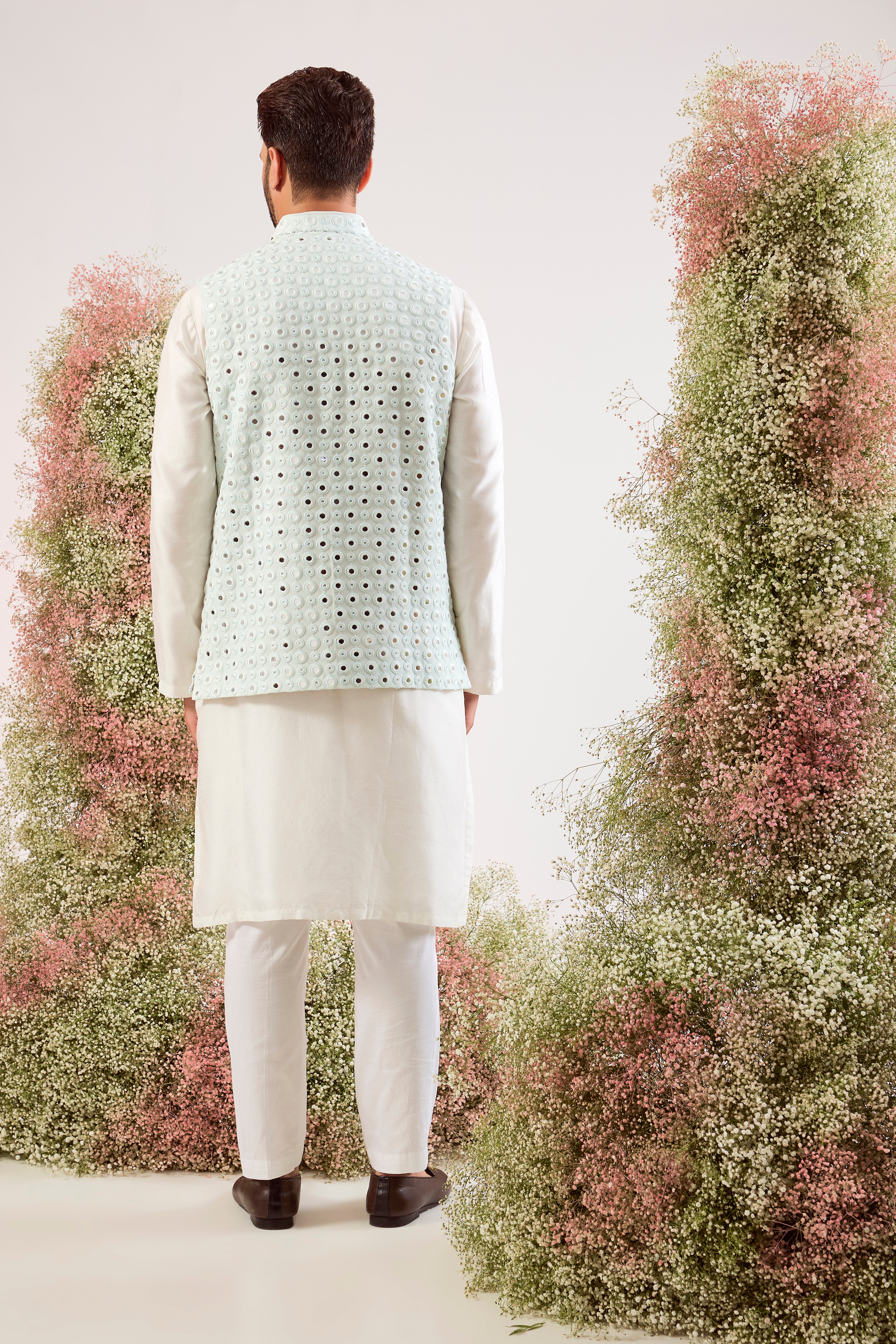 sky blue short nehru jacket with intricate mirror work