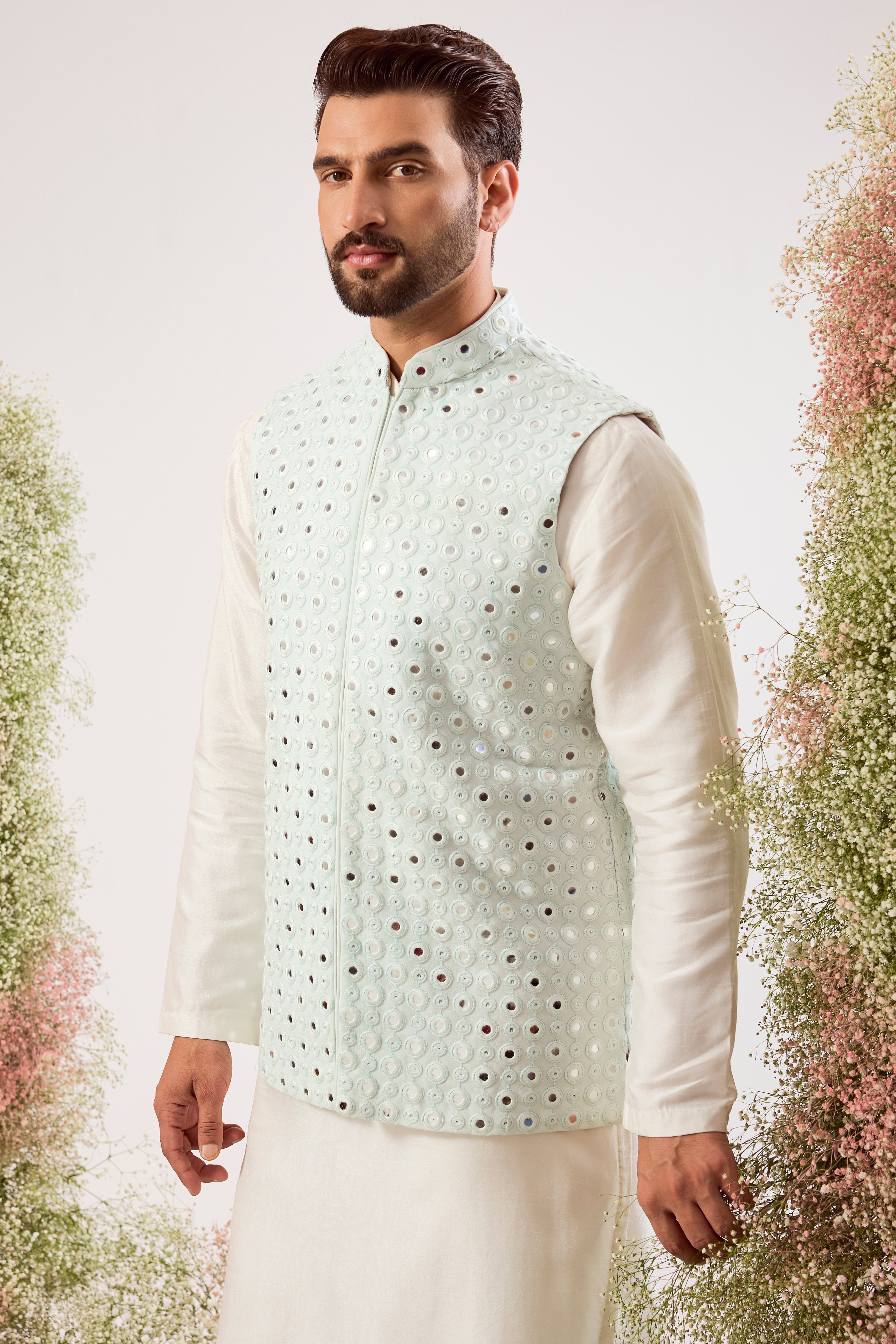 sky blue short nehru jacket with intricate mirror work